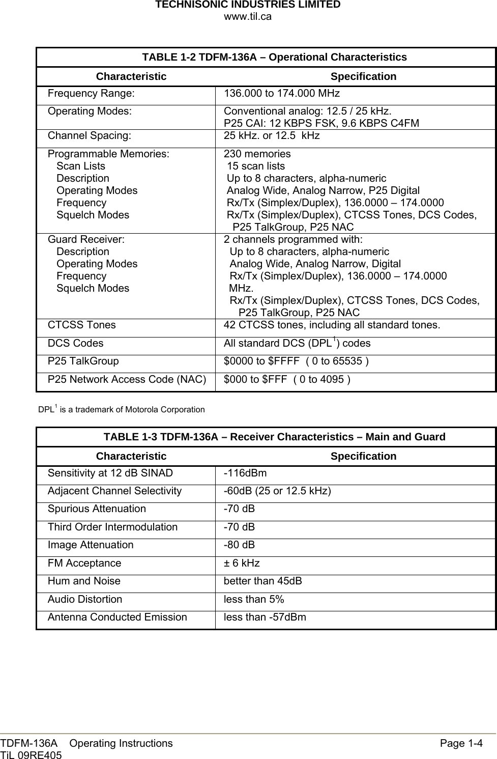 TECHNISONIC INDUSTRIES LIMITED www.til.ca   TDFM-136A    Operating Instructions                     Page 1-4 TiL 09RE405   TABLE 1-2 TDFM-136A – Operational Characteristics Characteristic Specification Frequency Range:  136.000 to 174.000 MHz Operating Modes:  Conventional analog: 12.5 / 25 kHz. P25 CAI: 12 KBPS FSK, 9.6 KBPS C4FM Channel Spacing:  25 kHz. or 12.5  kHz Programmable Memories:    Scan Lists    Description    Operating Modes    Frequency    Squelch Modes 230 memories  15 scan lists  Up to 8 characters, alpha-numeric   Analog Wide, Analog Narrow, P25 Digital  Rx/Tx (Simplex/Duplex), 136.0000 – 174.0000  Rx/Tx (Simplex/Duplex), CTCSS Tones, DCS Codes,    P25 TalkGroup, P25 NAC Guard Receiver:    Description    Operating Modes    Frequency    Squelch Modes 2 channels programmed with:   Up to 8 characters, alpha-numeric    Analog Wide, Analog Narrow, Digital   Rx/Tx (Simplex/Duplex), 136.0000 – 174.0000 MHz.   Rx/Tx (Simplex/Duplex), CTCSS Tones, DCS Codes,      P25 TalkGroup, P25 NAC CTCSS Tones  42 CTCSS tones, including all standard tones. DCS Codes  All standard DCS (DPL1) codes P25 TalkGroup  $0000 to $FFFF  ( 0 to 65535 )  P25 Network Access Code (NAC)  $000 to $FFF  ( 0 to 4095 )  DPL1 is a trademark of Motorola Corporation  TABLE 1-3 TDFM-136A – Receiver Characteristics – Main and Guard Characteristic Specification Sensitivity at 12 dB SINAD  -116dBm Adjacent Channel Selectivity  -60dB (25 or 12.5 kHz) Spurious Attenuation  -70 dB Third Order Intermodulation  -70 dB Image Attenuation  -80 dB FM Acceptance   ± 6 kHz Hum and Noise  better than 45dB Audio Distortion  less than 5% Antenna Conducted Emission  less than -57dBm      