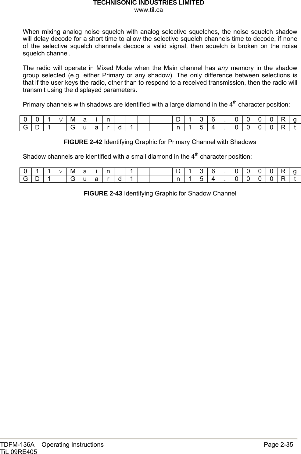 TECHNISONIC INDUSTRIES LIMITED www.til.ca   TDFM-136A    Operating Instructions                     Page 2-35 TiL 09RE405   When mixing analog noise squelch with analog selective squelches, the noise squelch shadow will delay decode for a short time to allow the selective squelch channels time to decode, if none of the selective squelch channels decode a valid signal, then squelch is broken on the noise squelch channel.  The radio will operate in Mixed Mode when the Main channel has any memory in the shadow group selected (e.g. either Primary or any shadow). The only difference between selections is that if the user keys the radio, other than to respond to a received transmission, then the radio will transmit using the displayed parameters.  Primary channels with shadows are identified with a large diamond in the 4th character position:  0 0 1 ∀ M a  i  n            D 1 3 6  .  0 0 0 0 R g G D 1    G u a r d 1        n 1 5 4  .  0 0 0 0 R t  FIGURE 2-42 Identifying Graphic for Primary Channel with Shadows  Shadow channels are identified with a small diamond in the 4th character position:  0 1 1 ∀ M a  i  n    1        D 1 3 6  .  0 0 0 0 R g G D 1    G u a r d 1        n 1 5 4  .  0 0 0 0 R t  FIGURE 2-43 Identifying Graphic for Shadow Channel                             