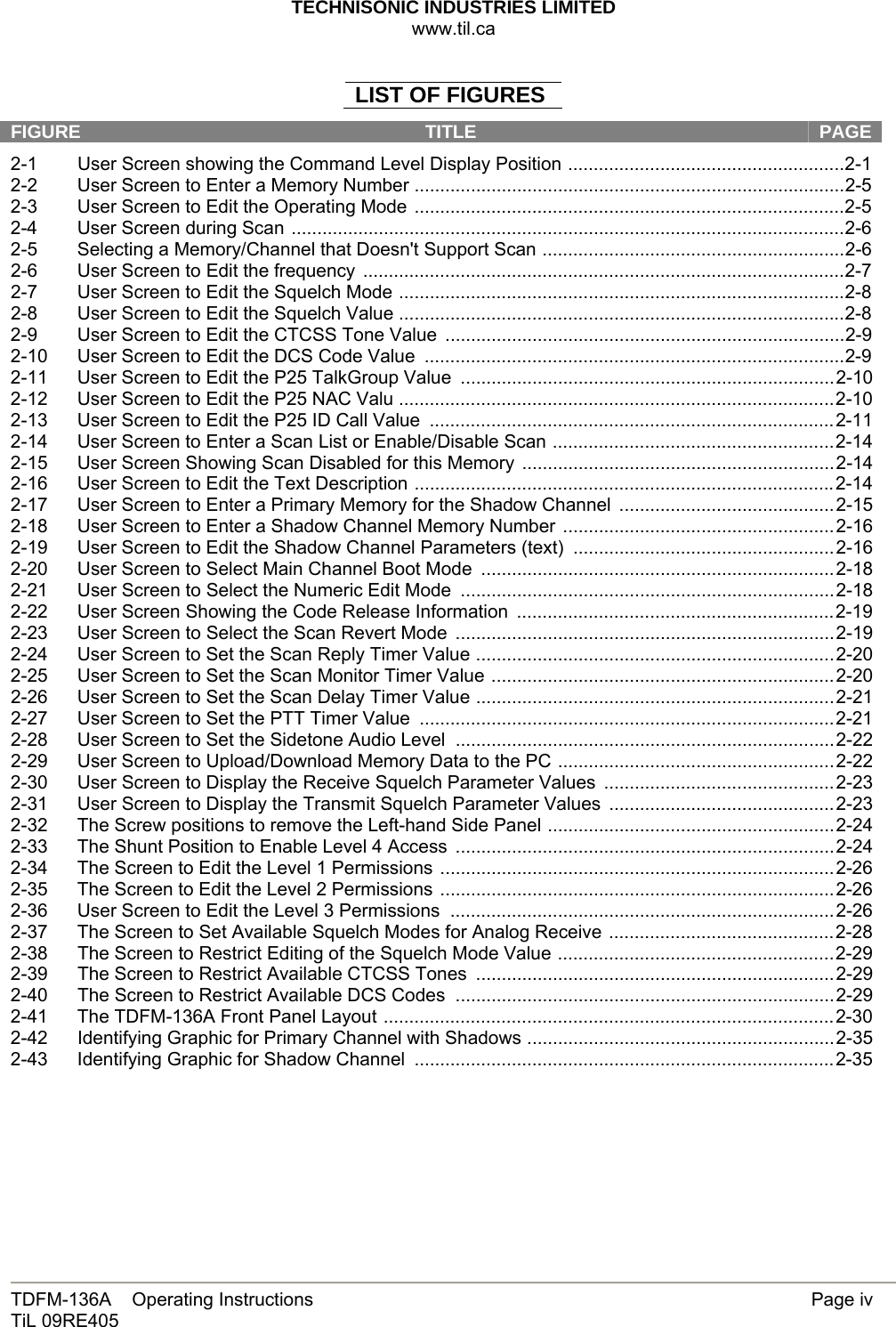 TECHNISONIC INDUSTRIES LIMITED www.til.ca   TDFM-136A    Operating Instructions        Page iv TiL 09RE405   LIST OF FIGURES  FIGURE  TITLE   PAGE2-1  User Screen showing the Command Level Display Position ......................................................2-1 2-2  User Screen to Enter a Memory Number ....................................................................................2-5 2-3  User Screen to Edit the Operating Mode ....................................................................................2-5 2-4 User Screen during Scan ............................................................................................................2-6 2-5  Selecting a Memory/Channel that Doesn&apos;t Support Scan ...........................................................2-6 2-6  User Screen to Edit the frequency ..............................................................................................2-7 2-7  User Screen to Edit the Squelch Mode .......................................................................................2-8 2-8  User Screen to Edit the Squelch Value .......................................................................................2-8 2-9  User Screen to Edit the CTCSS Tone Value  ..............................................................................2-9 2-10  User Screen to Edit the DCS Code Value  ..................................................................................2-9 2-11  User Screen to Edit the P25 TalkGroup Value  .........................................................................2-10 2-12  User Screen to Edit the P25 NAC Valu .....................................................................................2-10 2-13  User Screen to Edit the P25 ID Call Value  ...............................................................................2-11 2-14  User Screen to Enter a Scan List or Enable/Disable Scan .......................................................2-14 2-15  User Screen Showing Scan Disabled for this Memory .............................................................2-14 2-16  User Screen to Edit the Text Description ..................................................................................2-14 2-17  User Screen to Enter a Primary Memory for the Shadow Channel ..........................................2-15 2-18  User Screen to Enter a Shadow Channel Memory Number .....................................................2-16 2-19  User Screen to Edit the Shadow Channel Parameters (text) ...................................................2-16 2-20  User Screen to Select Main Channel Boot Mode  .....................................................................2-18 2-21  User Screen to Select the Numeric Edit Mode  .........................................................................2-18 2-22  User Screen Showing the Code Release Information ..............................................................2-19 2-23  User Screen to Select the Scan Revert Mode  ..........................................................................2-19 2-24  User Screen to Set the Scan Reply Timer Value ......................................................................2-20 2-25  User Screen to Set the Scan Monitor Timer Value ...................................................................2-20 2-26  User Screen to Set the Scan Delay Timer Value ......................................................................2-21 2-27  User Screen to Set the PTT Timer Value .................................................................................2-21 2-28  User Screen to Set the Sidetone Audio Level  ..........................................................................2-22 2-29  User Screen to Upload/Download Memory Data to the PC ......................................................2-22 2-30  User Screen to Display the Receive Squelch Parameter Values .............................................2-23 2-31  User Screen to Display the Transmit Squelch Parameter Values ............................................2-23 2-32  The Screw positions to remove the Left-hand Side Panel ........................................................2-24 2-33  The Shunt Position to Enable Level 4 Access  ..........................................................................2-24 2-34  The Screen to Edit the Level 1 Permissions .............................................................................2-26 2-35  The Screen to Edit the Level 2 Permissions .............................................................................2-26 2-36  User Screen to Edit the Level 3 Permissions ...........................................................................2-26 2-37  The Screen to Set Available Squelch Modes for Analog Receive ............................................2-28 2-38  The Screen to Restrict Editing of the Squelch Mode Value ......................................................2-29 2-39  The Screen to Restrict Available CTCSS Tones  ......................................................................2-29 2-40  The Screen to Restrict Available DCS Codes  ..........................................................................2-29 2-41  The TDFM-136A Front Panel Layout ........................................................................................2-30 2-42  Identifying Graphic for Primary Channel with Shadows ............................................................2-35 2-43  Identifying Graphic for Shadow Channel ..................................................................................2-35  