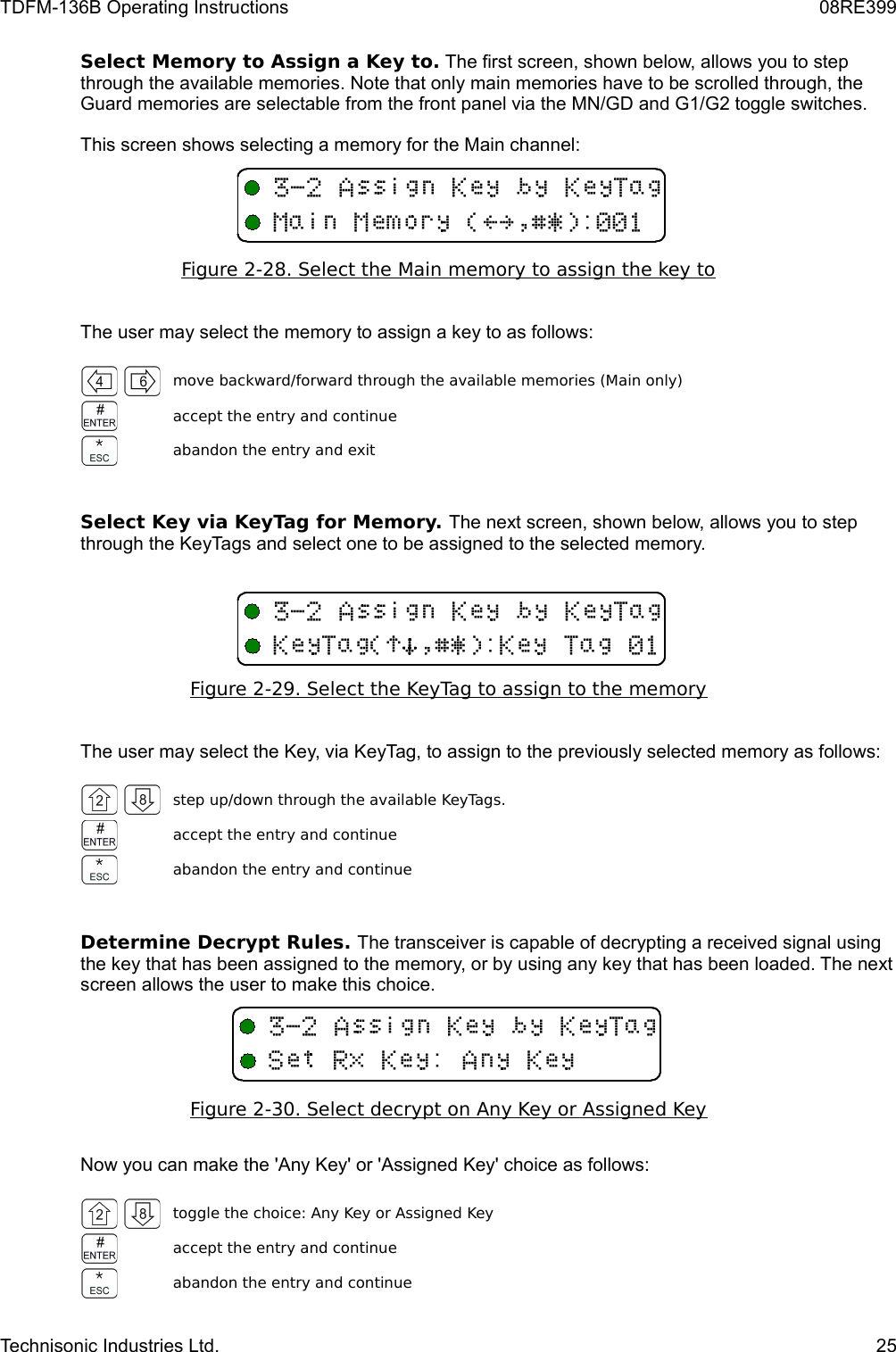 TDFM-136B Operating Instructions 08RE399Select Memory to Assign a Key to. The first screen, shown below, allows you to step through the available memories. Note that only main memories have to be scrolled through, the Guard memories are selectable from the front panel via the MN/GD and G1/G2 toggle switches.This screen shows selecting a memory for the Main channel:Figure 2-28. Select the Main memory to assign the key toThe user may select the memory to assign a key to as follows:move backward/forward through the available memories (Main only)accept the entry and continueabandon the entry and exitSelect Key via KeyTag for Memory. The next screen, shown below, allows you to step through the KeyTags and select one to be assigned to the selected memory.Figure 2-29. Select the KeyTag to assign to the memoryThe user may select the Key, via KeyTag, to assign to the previously selected memory as follows:step up/down through the available KeyTags.accept the entry and continueabandon the entry and continueDetermine Decrypt Rules. The transceiver is capable of decrypting a received signal using the key that has been assigned to the memory, or by using any key that has been loaded. The next screen allows the user to make this choice.   Figure 2-30. Select decrypt on Any Key or Assigned KeyNow you can make the &apos;Any Key&apos; or &apos;Assigned Key&apos; choice as follows:toggle the choice: Any Key or Assigned Keyaccept the entry and continueabandon the entry and continueTechnisonic Industries Ltd. 25&quot;16BFEF(B3!&gt;?$%&amp;&apos;/&quot;16BFEF(BF(B!)*$%&amp;&apos;/F(B&quot;16BFEF(B+F/6F