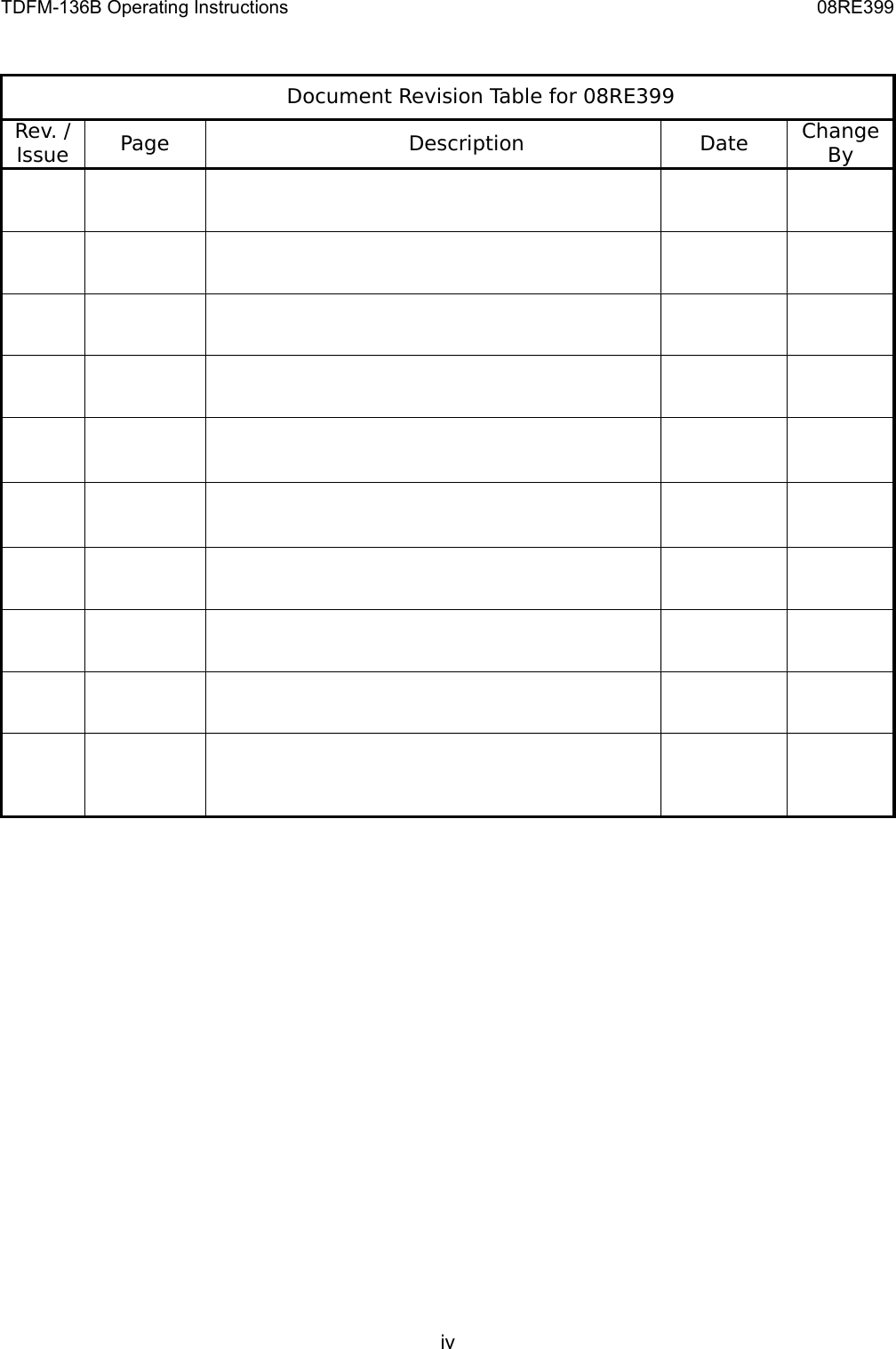 TDFM-136B Operating Instructions 08RE399Document Revision Table for 08RE399Rev. / Issue Page Description Date Change Byiv