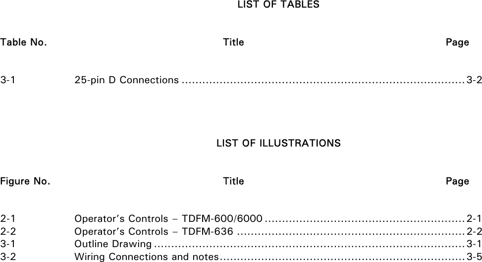     LIST OF TABLES    Table No.     Title      Page   3-1    25-pin D Connections ..................................................................................3-2     LIST OF ILLUSTRATIONS   Figure No.     Title      Page   2-1    Operator’s Controls – TDFM-600/6000 ..........................................................2-1 2-2    Operator’s Controls – TDFM-636 ..................................................................2-2 3-1   Outline Drawing ..........................................................................................3-1 3-2    Wiring Connections and notes.......................................................................3-5 