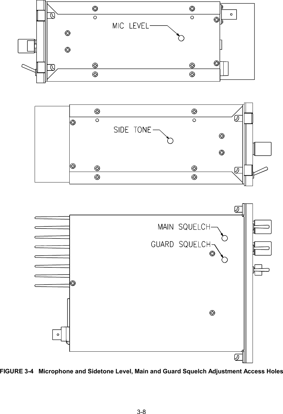 3-8FIGURE 3-4   Microphone and Sidetone Level, Main and Guard Squelch Adjustment Access Holes