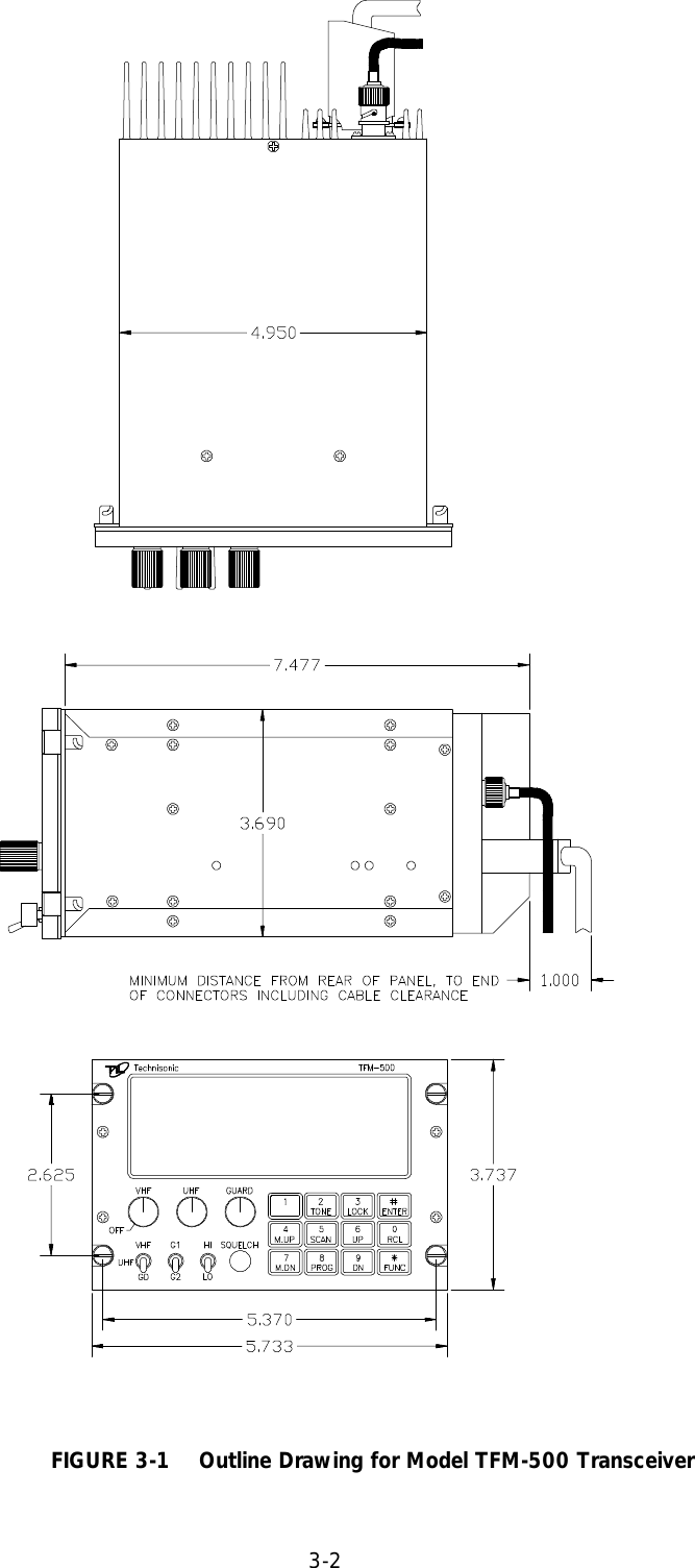 3-2                                FIGURE 3-1    Outline Drawing for Model TFM-500 Transceiver