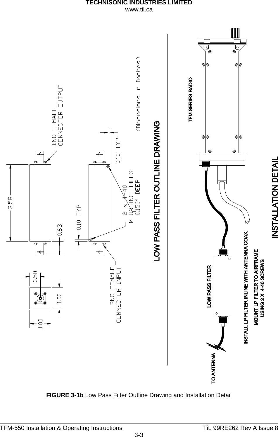 TECHNISONIC INDUSTRIES LIMITED www.til.ca   TFM-550 Installation &amp; Operating Instructions  TiL 99RE262 Rev A Issue 83-3    FIGURE 3-1b Low Pass Filter Outline Drawing and Installation Detail  