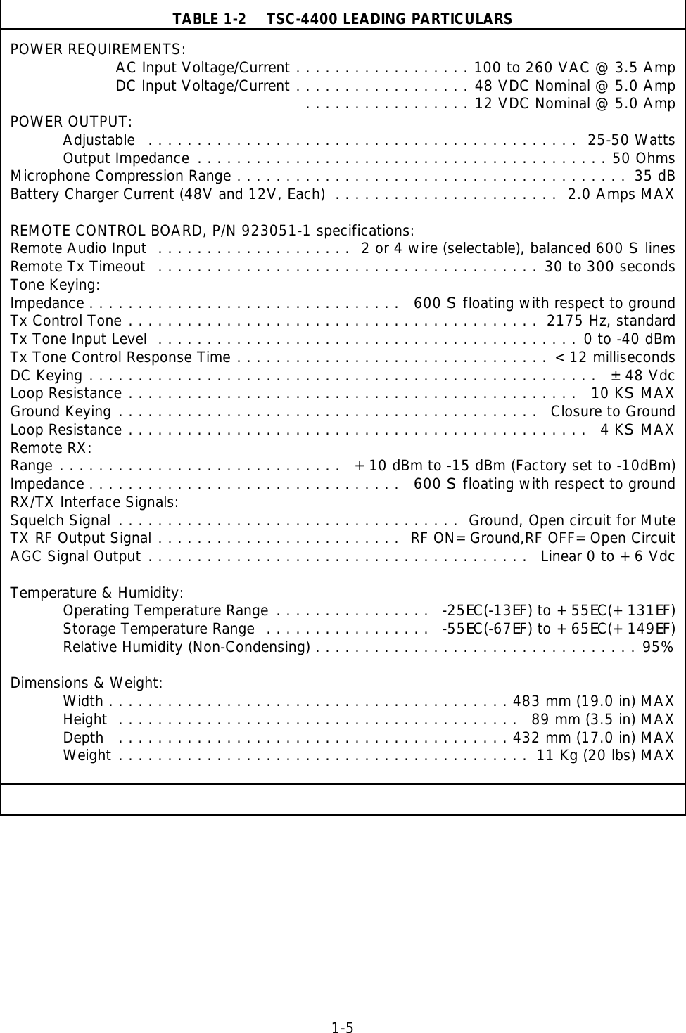 1-5TABLE 1-2    TSC-4400 LEADING PARTICULARSPOWER REQUIREMENTS:   AC Input Voltage/Current ..................100 to 260 VAC @ 3.5 AmpDC Input Voltage/Current ..................48 VDC Nominal @ 5.0 Amp                                                           .................12 VDC Nominal @ 5.0 AmpPOWER OUTPUT:Adjustable ............................................ 25-50 WattsOutput Impedance ..........................................50 OhmsMicrophone Compression Range ........................................ 35 dBBattery Charger Current (48V and 12V, Each) ....................... 2.0 Amps MAXREMOTE CONTROL BOARD, P/N 923051-1 specifications:Remote Audio Input .................... 2 or 4 wire (selectable), balanced 600 S linesRemote Tx Timeout .......................................30 to 300 secondsTone Keying:Impedance ................................ 600 S floating with respect to groundTx Control Tone .......................................... 2175 Hz, standardTx Tone Input Level ...........................................0 to -40 dBmTx Tone Control Response Time ................................&lt;12 millisecondsDC Keying .................................................... ±48 VdcLoop Resistance .............................................. 10 KS MAXGround Keying ........................................... Closure to GroundLoop Resistance ............................................... 4 KS MAXRemote RX:Range ............................. +10 dBm to -15 dBm (Factory set to -10dBm)Impedance ................................ 600 S floating with respect to groundRX/TX Interface Signals:Squelch Signal ................................... Ground, Open circuit for MuteTX RF Output Signal ......................... RF ON=Ground,RF OFF=Open CircuitAGC Signal Output ....................................... Linear 0 to +6 VdcTemperature &amp; Humidity:Operating Temperature Range ................ -25EC(-13EF) to +55EC(+131EF)Storage Temperature Range ................. -55EC(-67EF) to +65EC(+149EF)Relative Humidity (Non-Condensing) .................................95%Dimensions &amp; Weight:Width .........................................483 mm (19.0 in) MAXHeight ......................................... 89 mm (3.5 in) MAXDepth ........................................432 mm (17.0 in) MAXWeight .......................................... 11 Kg (20 lbs) MAX