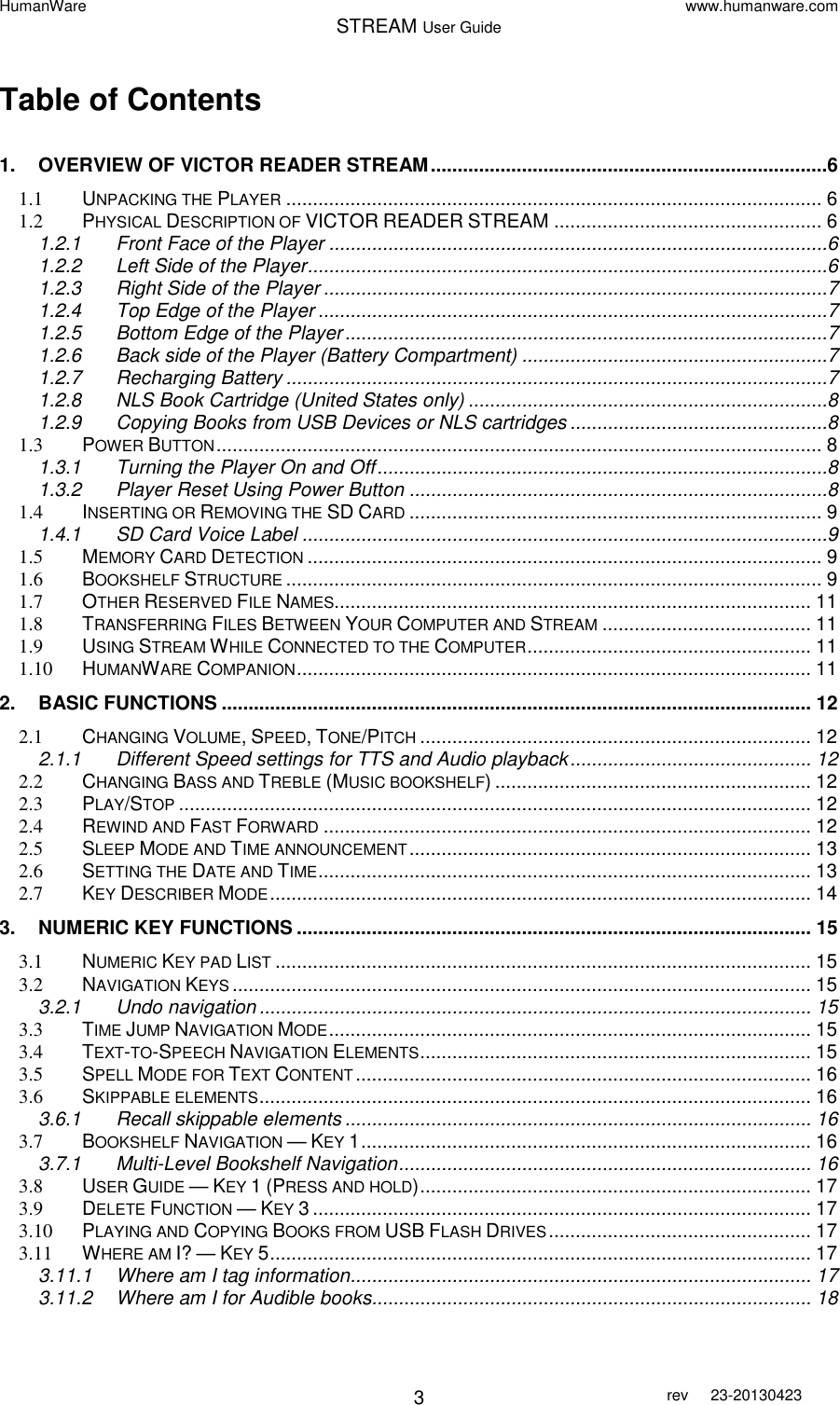 HumanWare www.humanware.com STREAM User Guide        3 rev  23-20130423   Table of Contents  1. OVERVIEW OF VICTOR READER STREAM ..........................................................................6 1.1 UNPACKING THE PLAYER .................................................................................................... 6 1.2 PHYSICAL DESCRIPTION OF VICTOR READER STREAM .................................................. 6 1.2.1 Front Face of the Player .............................................................................................6 1.2.2 Left Side of the Player .................................................................................................6 1.2.3 Right Side of the Player ..............................................................................................7 1.2.4 Top Edge of the Player ...............................................................................................7 1.2.5 Bottom Edge of the Player ..........................................................................................7 1.2.6 Back side of the Player (Battery Compartment) .........................................................7 1.2.7 Recharging Battery .....................................................................................................7 1.2.8 NLS Book Cartridge (United States only) ...................................................................8 1.2.9 Copying Books from USB Devices or NLS cartridges ................................................8 1.3 POWER BUTTON ................................................................................................................. 8 1.3.1 Turning the Player On and Off ....................................................................................8 1.3.2 Player Reset Using Power Button ..............................................................................8 1.4 INSERTING OR REMOVING THE SD CARD ............................................................................. 9 1.4.1 SD Card Voice Label ..................................................................................................9 1.5 MEMORY CARD DETECTION ................................................................................................ 9 1.6 BOOKSHELF STRUCTURE .................................................................................................... 9 1.7 OTHER RESERVED FILE NAMES......................................................................................... 11 1.8 TRANSFERRING FILES BETWEEN YOUR COMPUTER AND STREAM ....................................... 11 1.9 USING STREAM WHILE CONNECTED TO THE COMPUTER ..................................................... 11 1.10 HUMANWARE COMPANION ................................................................................................ 11 2. BASIC FUNCTIONS .............................................................................................................. 12 2.1 CHANGING VOLUME, SPEED, TONE/PITCH ......................................................................... 12 2.1.1 Different Speed settings for TTS and Audio playback ............................................. 12 2.2 CHANGING BASS AND TREBLE (MUSIC BOOKSHELF) ........................................................... 12 2.3 PLAY/STOP ...................................................................................................................... 12 2.4 REWIND AND FAST FORWARD ........................................................................................... 12 2.5 SLEEP MODE AND TIME ANNOUNCEMENT ........................................................................... 13 2.6 SETTING THE DATE AND TIME ............................................................................................ 13 2.7 KEY DESCRIBER MODE ..................................................................................................... 14 3. NUMERIC KEY FUNCTIONS ................................................................................................ 15 3.1 NUMERIC KEY PAD LIST .................................................................................................... 15 3.2 NAVIGATION KEYS ............................................................................................................ 15 3.2.1 Undo navigation ....................................................................................................... 15 3.3 TIME JUMP NAVIGATION MODE .......................................................................................... 15 3.4 TEXT-TO-SPEECH NAVIGATION ELEMENTS ......................................................................... 15 3.5 SPELL MODE FOR TEXT CONTENT ..................................................................................... 16 3.6 SKIPPABLE ELEMENTS ....................................................................................................... 16 3.6.1 Recall skippable elements ....................................................................................... 16 3.7 BOOKSHELF NAVIGATION — KEY 1 .................................................................................... 16 3.7.1 Multi-Level Bookshelf Navigation ............................................................................. 16 3.8 USER GUIDE — KEY 1 (PRESS AND HOLD) ......................................................................... 17 3.9 DELETE FUNCTION — KEY 3 ............................................................................................. 17 3.10 PLAYING AND COPYING BOOKS FROM USB FLASH DRIVES ................................................. 17 3.11 WHERE AM I? — KEY 5 ..................................................................................................... 17 3.11.1 Where am I tag information...................................................................................... 17 3.11.2 Where am I for Audible books.................................................................................. 18 