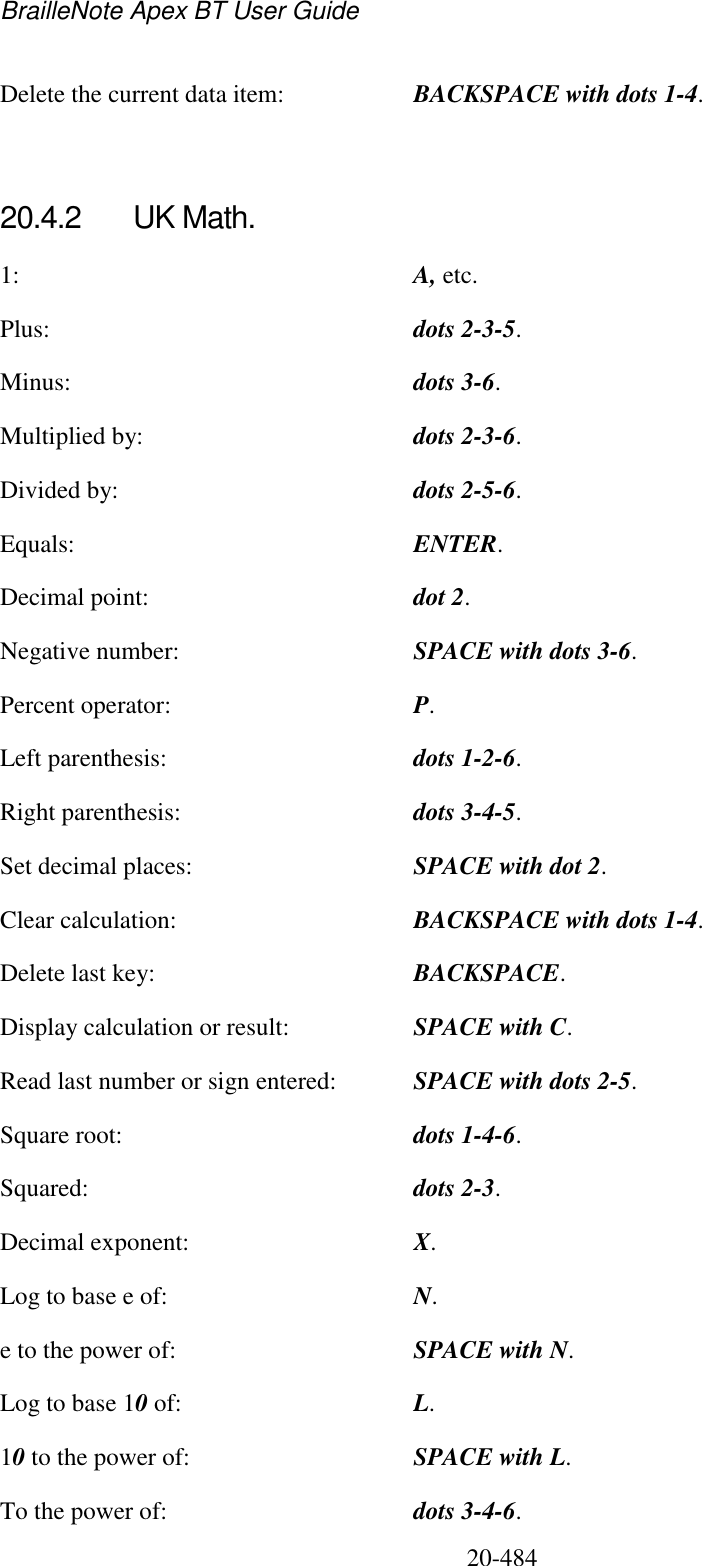 BrailleNote Apex BT User Guide   20-484   Delete the current data item:  BACKSPACE with dots 1-4.  20.4.2  UK Math. 1:  A, etc. Plus:  dots 2-3-5. Minus:  dots 3-6. Multiplied by:   dots 2-3-6. Divided by:  dots 2-5-6. Equals:  ENTER. Decimal point:  dot 2. Negative number:   SPACE with dots 3-6. Percent operator:  P. Left parenthesis:  dots 1-2-6. Right parenthesis:  dots 3-4-5. Set decimal places:  SPACE with dot 2. Clear calculation:  BACKSPACE with dots 1-4. Delete last key:  BACKSPACE. Display calculation or result:  SPACE with C. Read last number or sign entered:  SPACE with dots 2-5. Square root:  dots 1-4-6. Squared:  dots 2-3. Decimal exponent:  X. Log to base e of:  N. e to the power of:  SPACE with N. Log to base 10 of:  L. 10 to the power of:  SPACE with L. To the power of:  dots 3-4-6. 