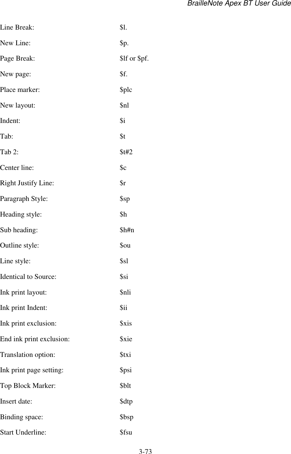 BrailleNote Apex BT User Guide   3-73   Line Break:  $l. New Line:  $p. Page Break:  $lf or $pf. New page:  $f. Place marker:  $plc New layout:  $nl Indent:  $i Tab:  $t Tab 2:  $t#2 Center line:  $c Right Justify Line:  $r Paragraph Style:  $sp Heading style:  $h Sub heading:  $h#n Outline style:  $ou Line style:  $sl Identical to Source:  $si Ink print layout:  $nli Ink print Indent:  $ii Ink print exclusion:  $xis End ink print exclusion:  $xie Translation option:  $txi Ink print page setting:  $psi Top Block Marker:  $blt Insert date:  $dtp Binding space:  $bsp Start Underline:  $fsu 