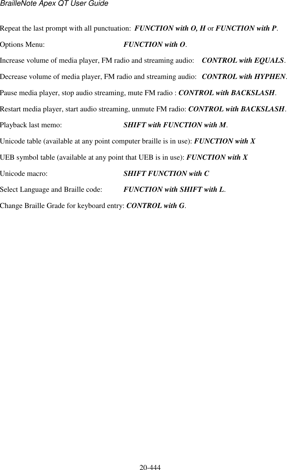 BrailleNote Apex QT User Guide  20-444   Repeat the last prompt with all punctuation:  FUNCTION with O, H or FUNCTION with P. Options Menu:  FUNCTION with O. Increase volume of media player, FM radio and streaming audio:  CONTROL with EQUALS. Decrease volume of media player, FM radio and streaming audio:  CONTROL with HYPHEN. Pause media player, stop audio streaming, mute FM radio : CONTROL with BACKSLASH. Restart media player, start audio streaming, unmute FM radio: CONTROL with BACKSLASH. Playback last memo:  SHIFT with FUNCTION with M. Unicode table (available at any point computer braille is in use): FUNCTION with X UEB symbol table (available at any point that UEB is in use): FUNCTION with X Unicode macro:  SHIFT FUNCTION with C Select Language and Braille code:   FUNCTION with SHIFT with L. Change Braille Grade for keyboard entry: CONTROL with G.    