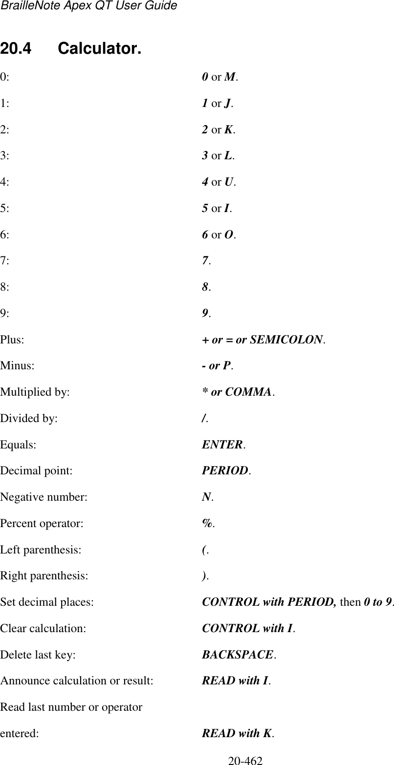 BrailleNote Apex QT User Guide  20-462   20.4  Calculator. 0:  0 or M. 1:  1 or J. 2:  2 or K. 3:  3 or L. 4:  4 or U. 5:  5 or I. 6:  6 or O. 7:  7. 8:  8. 9:  9. Plus:  + or = or SEMICOLON. Minus:  - or P. Multiplied by:  * or COMMA. Divided by:  /. Equals:  ENTER. Decimal point:  PERIOD. Negative number:  N. Percent operator:  %. Left parenthesis:  (. Right parenthesis:  ). Set decimal places:  CONTROL with PERIOD, then 0 to 9. Clear calculation:  CONTROL with I. Delete last key:  BACKSPACE. Announce calculation or result:  READ with I. Read last number or operator entered:  READ with K. 