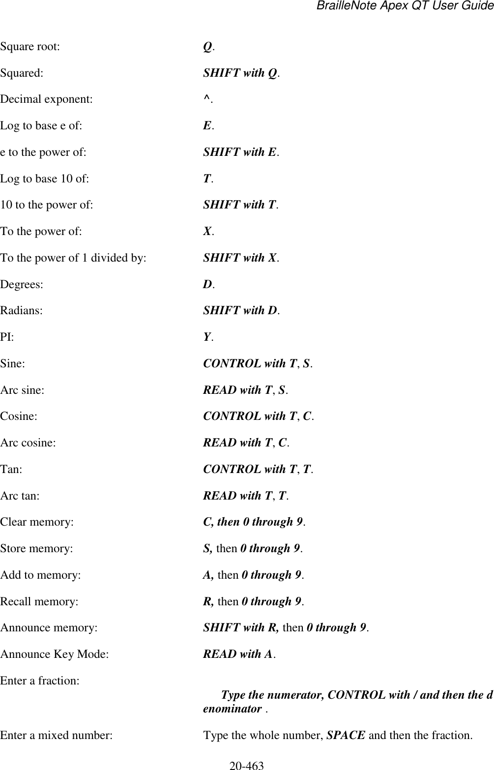 BrailleNote Apex QT User Guide  20-463   Square root:  Q. Squared:  SHIFT with Q. Decimal exponent:  ^. Log to base e of:  E. e to the power of:  SHIFT with E. Log to base 10 of:  T. 10 to the power of:  SHIFT with T. To the power of:  X. To the power of 1 divided by:  SHIFT with X. Degrees:  D. Radians:  SHIFT with D. PI:  Y. Sine:  CONTROL with T, S. Arc sine:  READ with T, S. Cosine:  CONTROL with T, C. Arc cosine:  READ with T, C. Tan:  CONTROL with T, T. Arc tan:  READ with T, T. Clear memory:  C, then 0 through 9. Store memory:  S, then 0 through 9. Add to memory:  A, then 0 through 9. Recall memory:  R, then 0 through 9. Announce memory:  SHIFT with R, then 0 through 9. Announce Key Mode:  READ with A. Enter a fraction:  Type the numerator, CONTROL with / and then the denominator . Enter a mixed number:  Type the whole number, SPACE and then the fraction. 