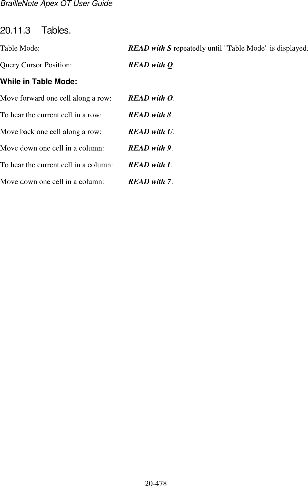 BrailleNote Apex QT User Guide  20-478   20.11.3  Tables. Table Mode:  READ with S repeatedly until &quot;Table Mode&quot; is displayed. Query Cursor Position:  READ with Q. While in Table Mode: Move forward one cell along a row:  READ with O. To hear the current cell in a row:  READ with 8. Move back one cell along a row:  READ with U. Move down one cell in a column:  READ with 9. To hear the current cell in a column:  READ with I. Move down one cell in a column:  READ with 7.   