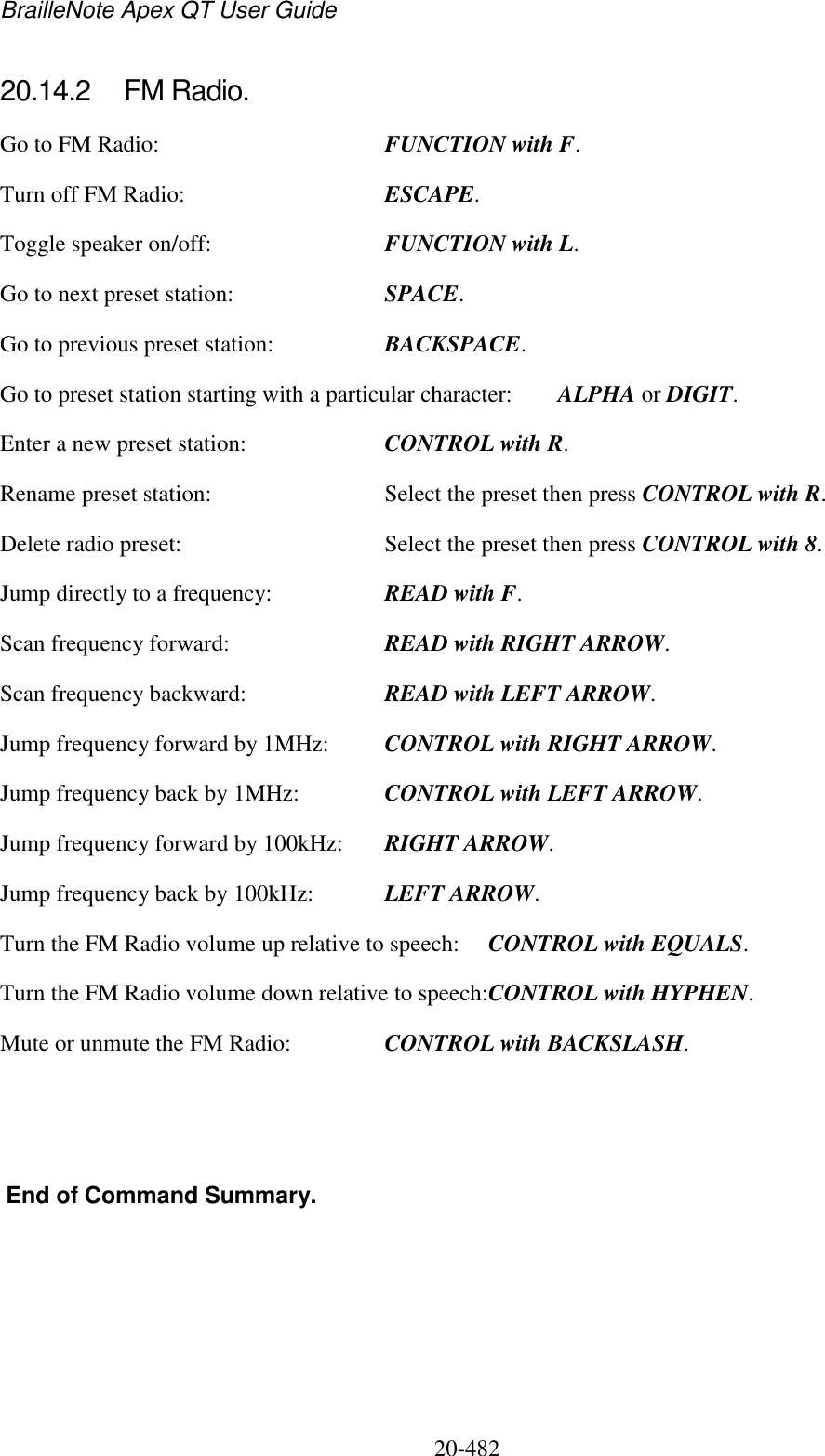 BrailleNote Apex QT User Guide  20-482   20.14.2  FM Radio. Go to FM Radio:  FUNCTION with F. Turn off FM Radio:  ESCAPE. Toggle speaker on/off:  FUNCTION with L. Go to next preset station:  SPACE. Go to previous preset station:  BACKSPACE. Go to preset station starting with a particular character:  ALPHA or DIGIT. Enter a new preset station:  CONTROL with R. Rename preset station:  Select the preset then press CONTROL with R.   Delete radio preset:  Select the preset then press CONTROL with 8. Jump directly to a frequency:  READ with F. Scan frequency forward:  READ with RIGHT ARROW. Scan frequency backward:  READ with LEFT ARROW. Jump frequency forward by 1MHz:  CONTROL with RIGHT ARROW. Jump frequency back by 1MHz:  CONTROL with LEFT ARROW. Jump frequency forward by 100kHz:  RIGHT ARROW. Jump frequency back by 100kHz:  LEFT ARROW. Turn the FM Radio volume up relative to speech:  CONTROL with EQUALS. Turn the FM Radio volume down relative to speech:CONTROL with HYPHEN. Mute or unmute the FM Radio:  CONTROL with BACKSLASH.           End of Command Summary.  