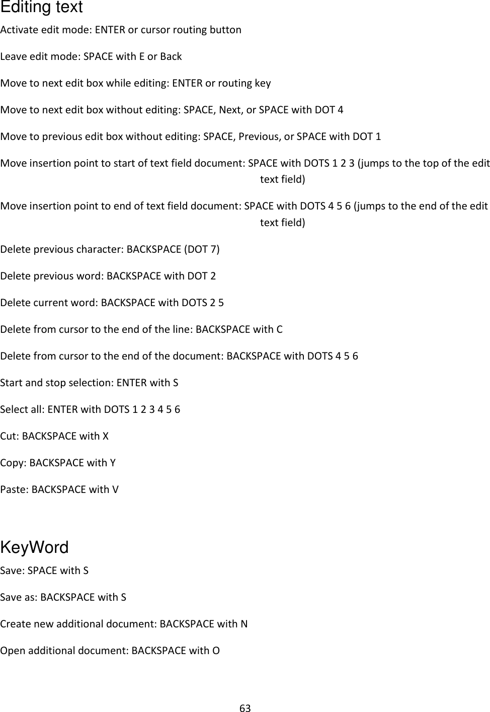 63 Editing text Activate edit mode: ENTER or cursor routing button Leave edit mode: SPACE with E or Back  Move to next edit box while editing: ENTER or routing key Move to next edit box without editing: SPACE, Next, or SPACE with DOT 4  Move to previous edit box without editing: SPACE, Previous, or SPACE with DOT 1  Move insertion point to start of text field document: SPACE with DOTS 1 2 3 (jumps to the top of the edit text field) Move insertion point to end of text field document: SPACE with DOTS 4 5 6 (jumps to the end of the edit text field) Delete previous character: BACKSPACE (DOT 7) Delete previous word: BACKSPACE with DOT 2 Delete current word: BACKSPACE with DOTS 2 5 Delete from cursor to the end of the line: BACKSPACE with C Delete from cursor to the end of the document: BACKSPACE with DOTS 4 5 6 Start and stop selection: ENTER with S Select all: ENTER with DOTS 1 2 3 4 5 6 Cut: BACKSPACE with X Copy: BACKSPACE with Y Paste: BACKSPACE with V  KeyWord  Save: SPACE with S Save as: BACKSPACE with S Create new additional document: BACKSPACE with N Open additional document: BACKSPACE with O 