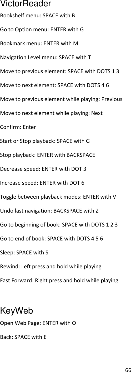 66 VictorReader   Bookshelf menu: SPACE with B Go to Option menu: ENTER with G Bookmark menu: ENTER with M Navigation Level menu: SPACE with T Move to previous element: SPACE with DOTS 1 3 Move to next element: SPACE with DOTS 4 6 Move to previous element while playing: Previous Move to next element while playing: Next Confirm: Enter Start or Stop playback: SPACE with G Stop playback: ENTER with BACKSPACE Decrease speed: ENTER with DOT 3 Increase speed: ENTER with DOT 6 Toggle between playback modes: ENTER with V Undo last navigation: BACKSPACE with Z Go to beginning of book: SPACE with DOTS 1 2 3 Go to end of book: SPACE with DOTS 4 5 6 Sleep: SPACE with S Rewind: Left press and hold while playing Fast Forward: Right press and hold while playing  KeyWeb   Open Web Page: ENTER with O Back: SPACE with E 