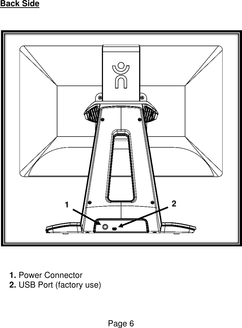 Page 6   Back Side     1. Power Connector 2. USB Port (factory use)  1  2  