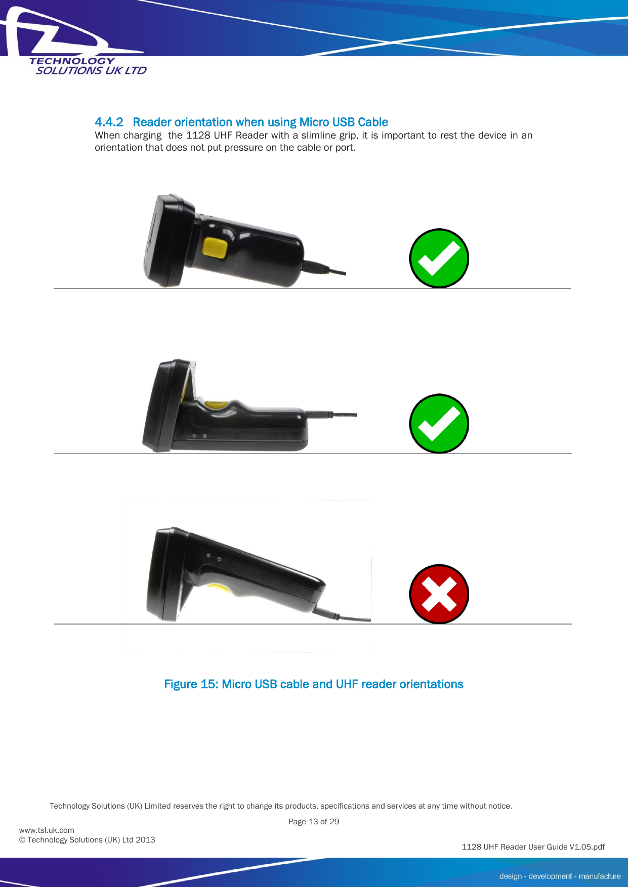          Technology Solutions (UK) Limited reserves the right to change its products, specifications and services at any time without notice.   Page 13 of 29 1128 UHF Reader User Guide V1.05.pdf www.tsl.uk.com © Technology Solutions (UK) Ltd 2013  4.4.2 Reader orientation when using Micro USB Cable When charging  the 1128 UHF Reader with a slimline grip, it is important to rest the device in an orientation that does not put pressure on the cable or port.  Figure 15: Micro USB cable and UHF reader orientations    