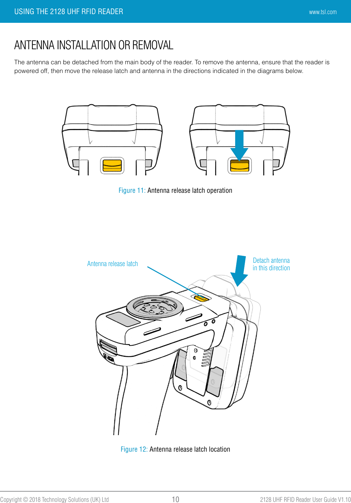 2128 UHF RFID Reader User Guide V1.10Copyright © 2018 Technology Solutions (UK) Ltd 10USING THE 2128 UHF RFID READERANTENNA INSTALLATION OR REMOVALThe antenna can be detached from the main body of the reader. To remove the antenna, ensure that the reader ispowered off, then move the release latch and antenna in the directions indicated in the diagrams below.Figure 11: Antenna release latch operationAntenna release latch Detach antenna in this directionFigure 12: Antenna release latch locationwww.tsl.com