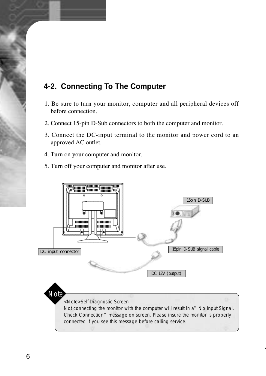 61. Be sure to turn your monitor, computer and all peripheral devices offbefore connection.2. Connect 15-pin D-Sub connectors to both the computer and monitor.3. Connect the DC-input terminal to the monitor and power cord to anapproved AC outlet.4. Turn on your computer and monitor.5. Turn off your computer and monitor after use.4-2.  Connecting To The Computer&lt;Note&gt;Self-Diagnostic ScreenNot connecting the monitor with the computer will result in a “No Input Signal,Check Connection”message on screen. Please insure the monitor is properlyconnected if you see this message before calling service. Note15pin D-SUB signal cableDC 12V (output)15pin D-SUBDC input connector