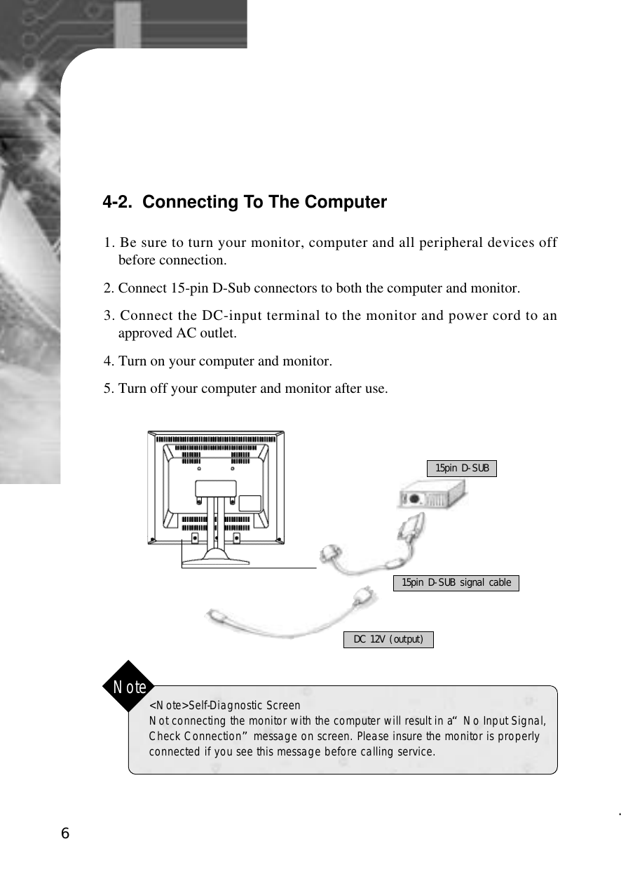 61. Be sure to turn your monitor, computer and all peripheral devices offbefore connection.2. Connect 15-pin D-Sub connectors to both the computer and monitor.3. Connect the DC-input terminal to the monitor and power cord to anapproved AC outlet.4. Turn on your computer and monitor.5. Turn off your computer and monitor after use.4-2.  Connecting To The Computer&lt;Note&gt;Self-Diagnostic ScreenNot connecting the monitor with the computer will result in a “No Input Signal,Check Connection”message on screen. Please insure the monitor is properlyconnected if you see this message before calling service. Note15pin D-SUB signal cableDC 12V (output)15pin D-SUB