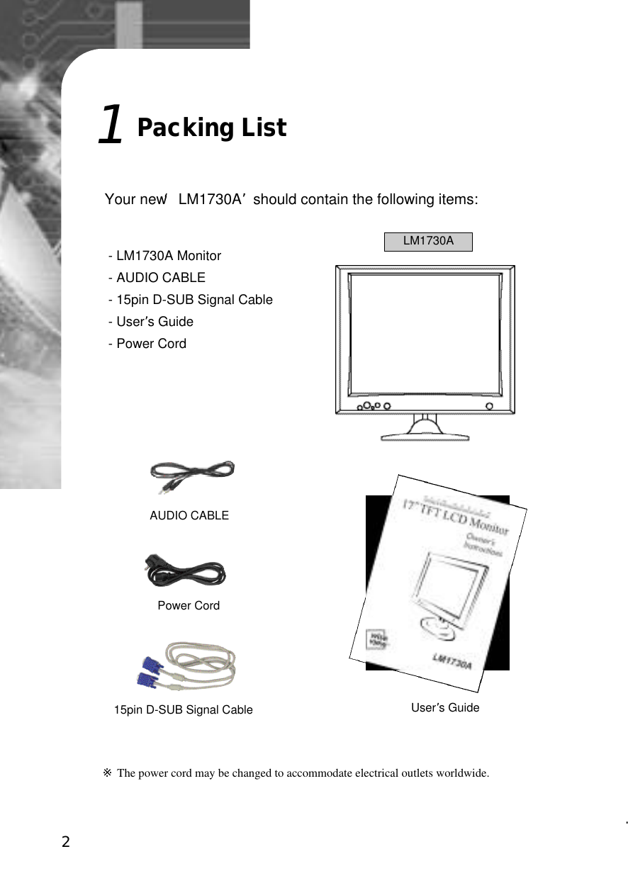 2Your new ‘LM1730A’should contain the following items:- LM1730A Monitor- AUDIO CABLE- 15pin D-SUB Signal Cable- User’s Guide- Power Cord※The power cord may be changed to accommodate electrical outlets worldwide.1Packing ListLM1730A15pin D-SUB Signal CableAUDIO CABLEPower CordUser’s Guide