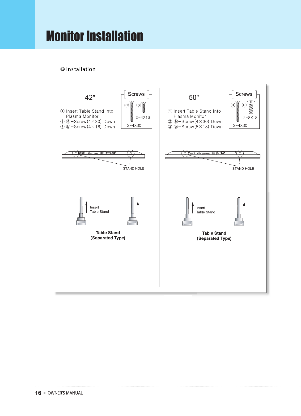 Monitor InstallationOWNER&apos;S MANUAL16Ins tallation