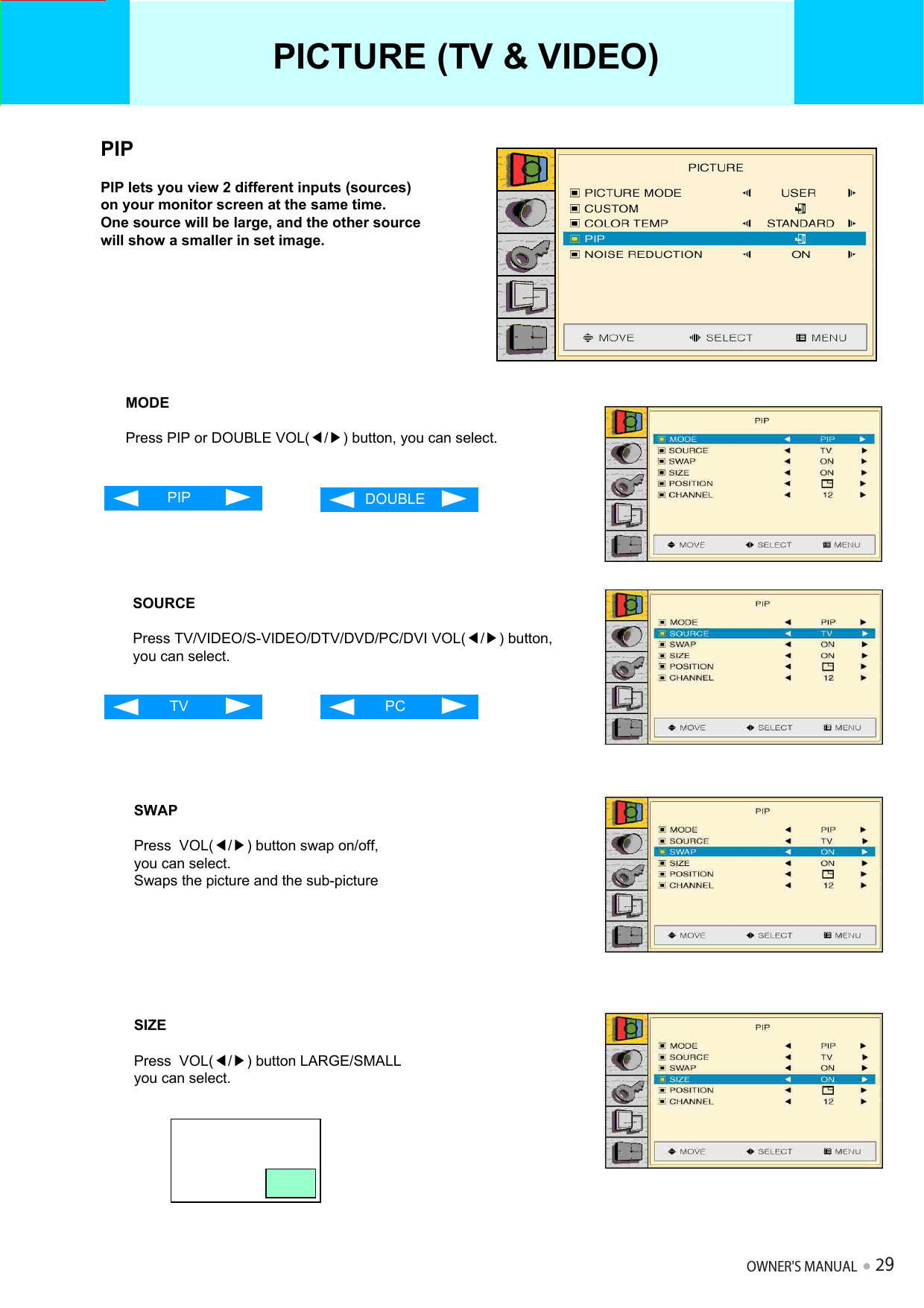 PIPPIP lets you view 2 different inputs (sources) on your monitor screen at the same time. One source will be large, and the other source will show a smaller in set image.MODEPress PIP or DOUBLE VOL(◀/▶) button, you can select.SOURCEPress TV/VIDEO/S-VIDEO/DTV/DVD/PC/DVI VOL(◀/▶) button, you can select.DOUBLEPIPTV PCSWAPPress  VOL(◀/▶) button swap on/off, you can select.Swaps the picture and the sub-pictureSIZEPress  VOL(◀/▶) button LARGE/SMALL you can select.PICTURE (TV &amp; VIDEO)OWNER&apos;S MANUAL29