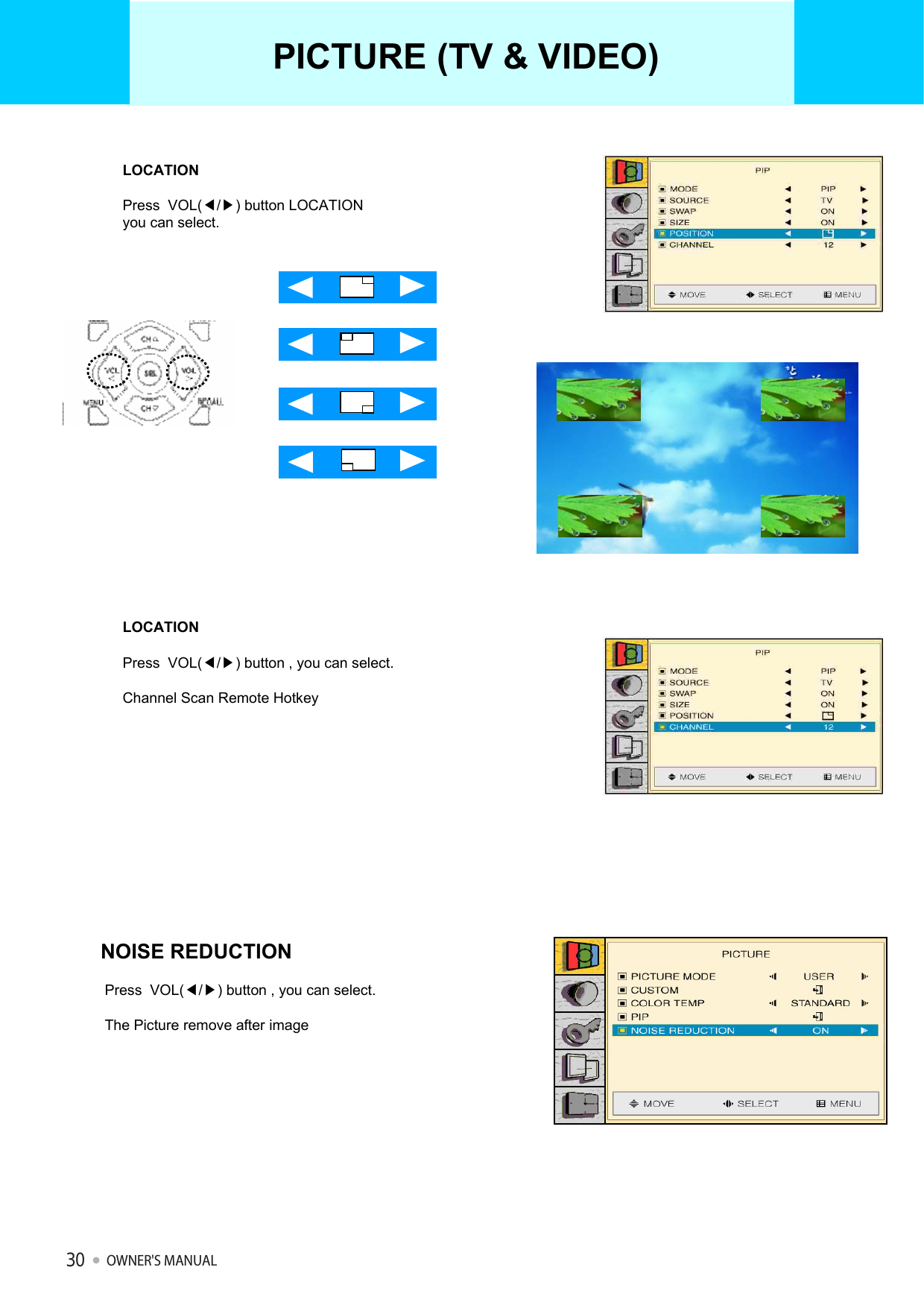 LOCATIONPress  VOL(◀/▶) button LOCATION you can select.LOCATIONPress  VOL(◀/▶) button , you can select.Channel Scan Remote HotkeyNOISE REDUCTIONPress  VOL(◀/▶) button , you can select.The Picture remove after imagePICTURE (TV &amp; VIDEO)OWNER&apos;S MANUAL30