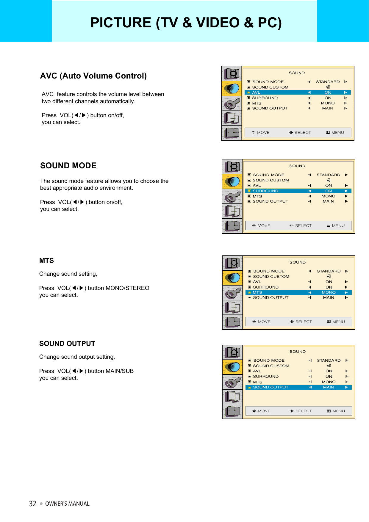 AVC (Auto Volume Control)AVC feature controls the volume level betweentwo different channels automatically.Press  VOL(◀/▶) button on/off, you can select.SOUND MODEThe sound mode feature allows you to choose the best appropriate audio environment. Press  VOL(◀/▶) button on/off, you can select.MTSChange sound setting, Press  VOL(◀/▶) button MONO/STEREOyou can select.SOUND OUTPUTChange sound output setting, Press  VOL(◀/▶) button MAIN/SUByou can select.PICTURE (TV &amp; VIDEO &amp; PC)OWNER&apos;S MANUAL32