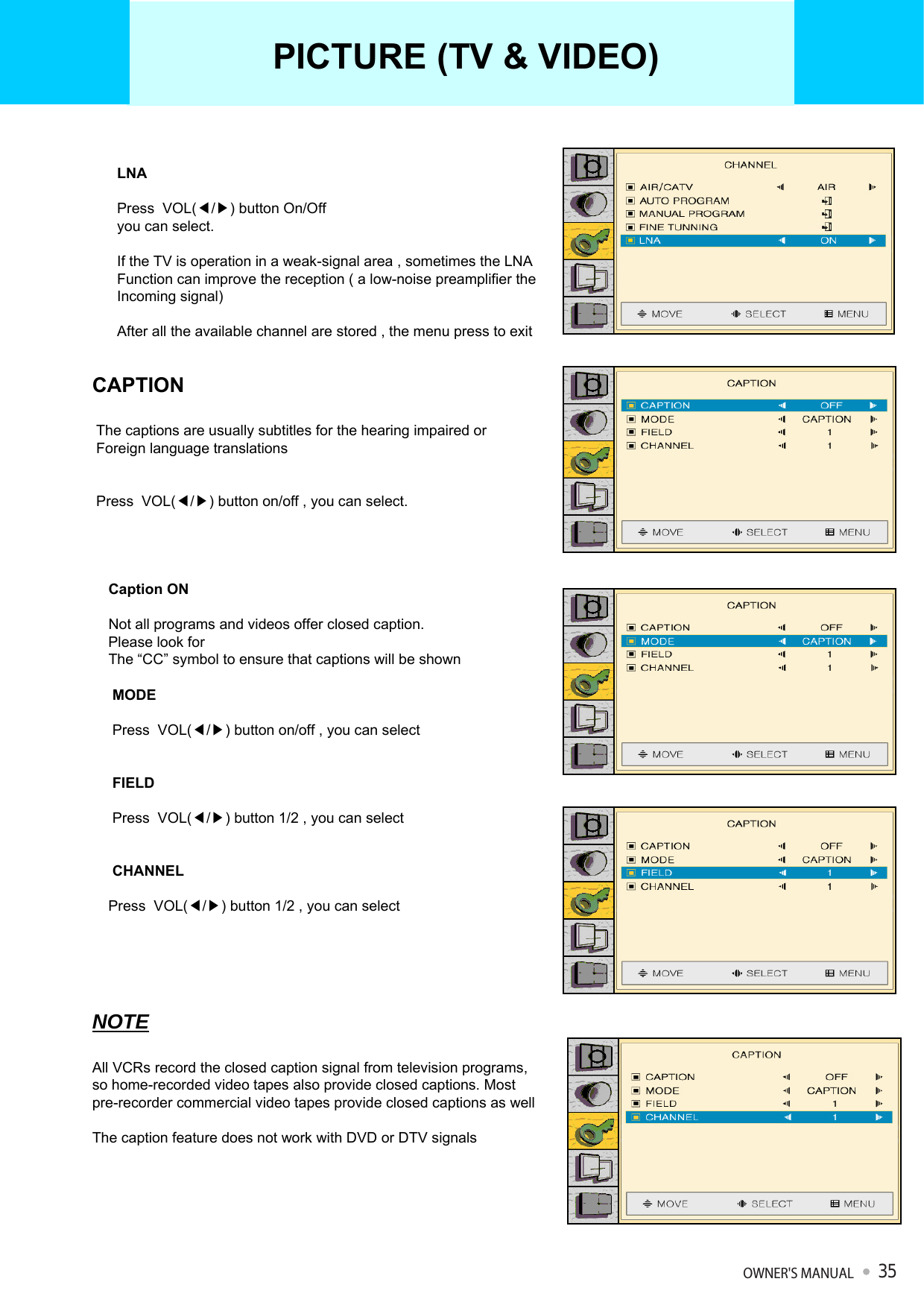 LNAPress  VOL(◀/▶) button On/Offyou can select.If the TV is operation in a weak-signal area , sometimes the LNAFunction can improve the reception ( a low-noise preamplifier theIncoming signal)After all the available channel are stored , the menu press to exitCAPTIONThe captions are usually subtitles for the hearing impaired or Foreign language translationsPress  VOL(◀/▶) button on/off , you can select.Caption ONNot all programs and videos offer closed caption. Please look forThe “CC” symbol to ensure that captions will be shownMODEPress  VOL(◀/▶) button on/off , you can selectFIELDPress  VOL(◀/▶) button 1/2 , you can selectCHANNELPress  VOL(◀/▶) button 1/2 , you can selectNOTEAll VCRs record the closed caption signal from television programs,so home-recorded video tapes also provide closed captions. Mostpre-recorder commercial video tapes provide closed captions as wellThe caption feature does not work with DVD or DTV signalsPICTURE (TV &amp; VIDEO)OWNER&apos;S MANUAL35