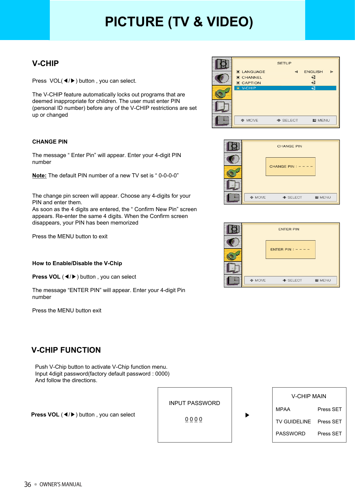 V-CHIPPress  VOL(◀/▶) button , you can select.The V-CHIP feature automatically locks out programs that are deemed inappropriate for children. The user must enter PIN (personal ID number) before any of the V-CHIP restrictions are setup or changedCHANGE PINThe message “ Enter Pin” will appear. Enter your 4-digit PIN numberNote: The default PIN number of a new TV set is “ 0-0-0-0”The change pin screen will appear. Choose any 4-digits for your PIN and enter them.As soon as the 4 digits are entered, the “ Confirm New Pin” screen appears. Re-enter the same 4 digits. When the Confirm screen disappears, your PIN has been memorizedPress the MENU button to exitHow to Enable/Disable the V-ChipPress VOL (◀/▶) button , you can selectThe message “ENTER PIN” will appear. Enter your 4-digit Pin numberPress the MENU button exitV-CHIP FUNCTIONPush V-Chip button to activate V-Chip function menu.Input 4digit password(factory default password : 0000) And follow the directions.INPUT PASSWORD00 0 0V-CHIP MAINMPAA TV GUIDELINEPASSWORDPress SET Press SETPress SET▶Press VOL (◀/▶) button , you can selectPICTURE (TV &amp; VIDEO)OWNER&apos;S MANUAL36