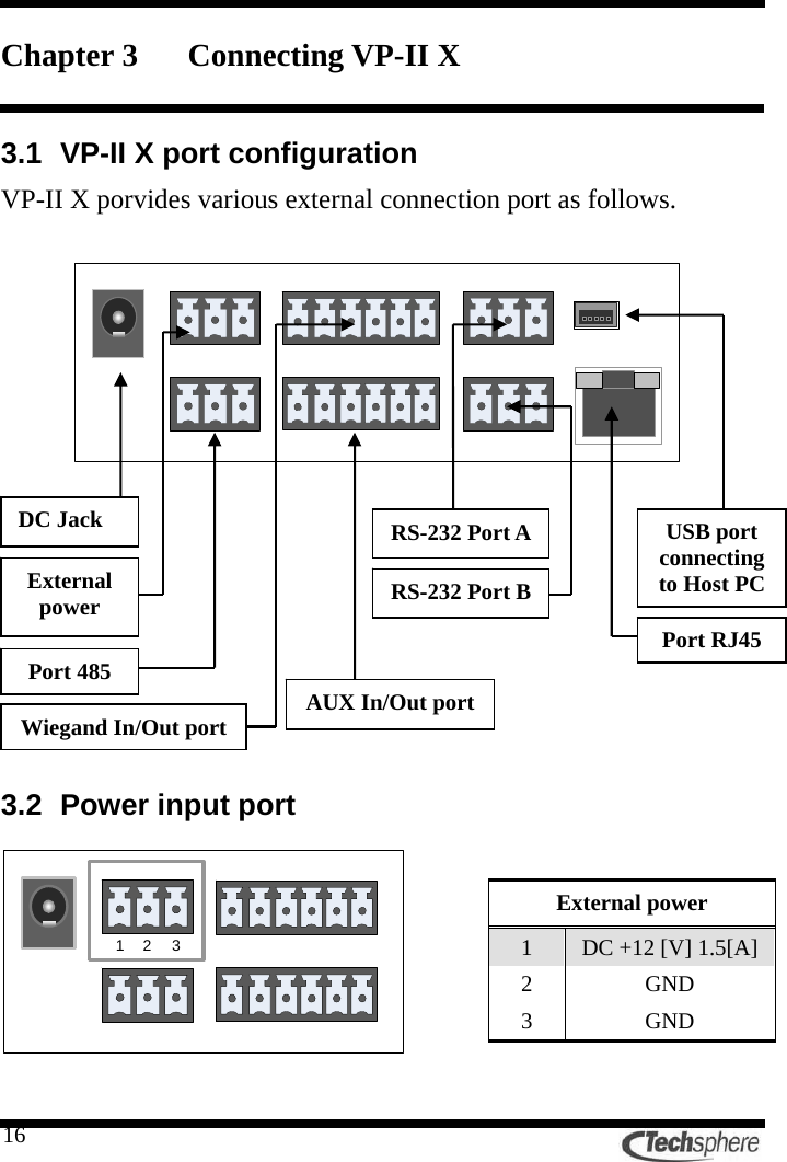   16Chapter 3 Connecting VP-II X  3.1  VP-II X port configuration VP-II X porvides various external connection port as follows.               3.2 Power input port       External power 1  DC +12 [V] 1.5[A] 2 GND 3 GND 123DC Jack External power Port 485 RS-232 Port AAUX In/Out portRS-232 Port BUSB port connecting to Host PC Port RJ45 Wiegand In/Out port 
