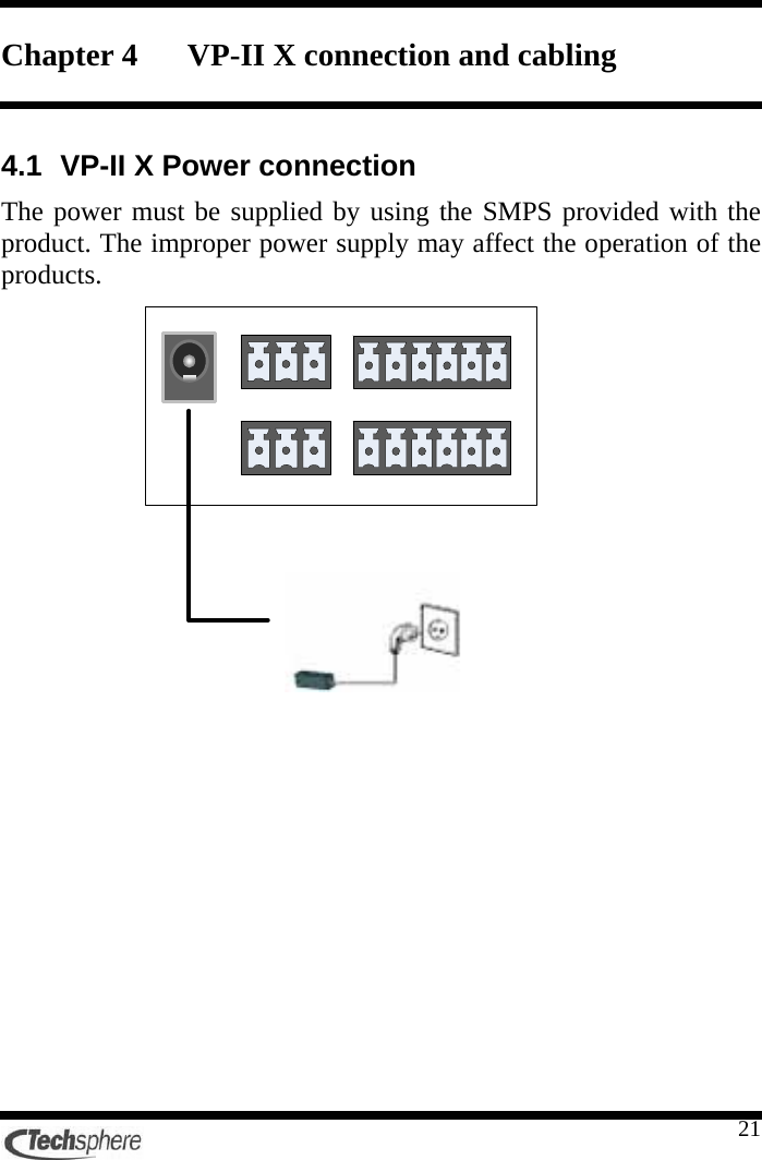    21Chapter 4 VP-II X connection and cabling  4.1  VP-II X Power connection The power must be supplied by using the SMPS provided with the product. The improper power supply may affect the operation of the products.   