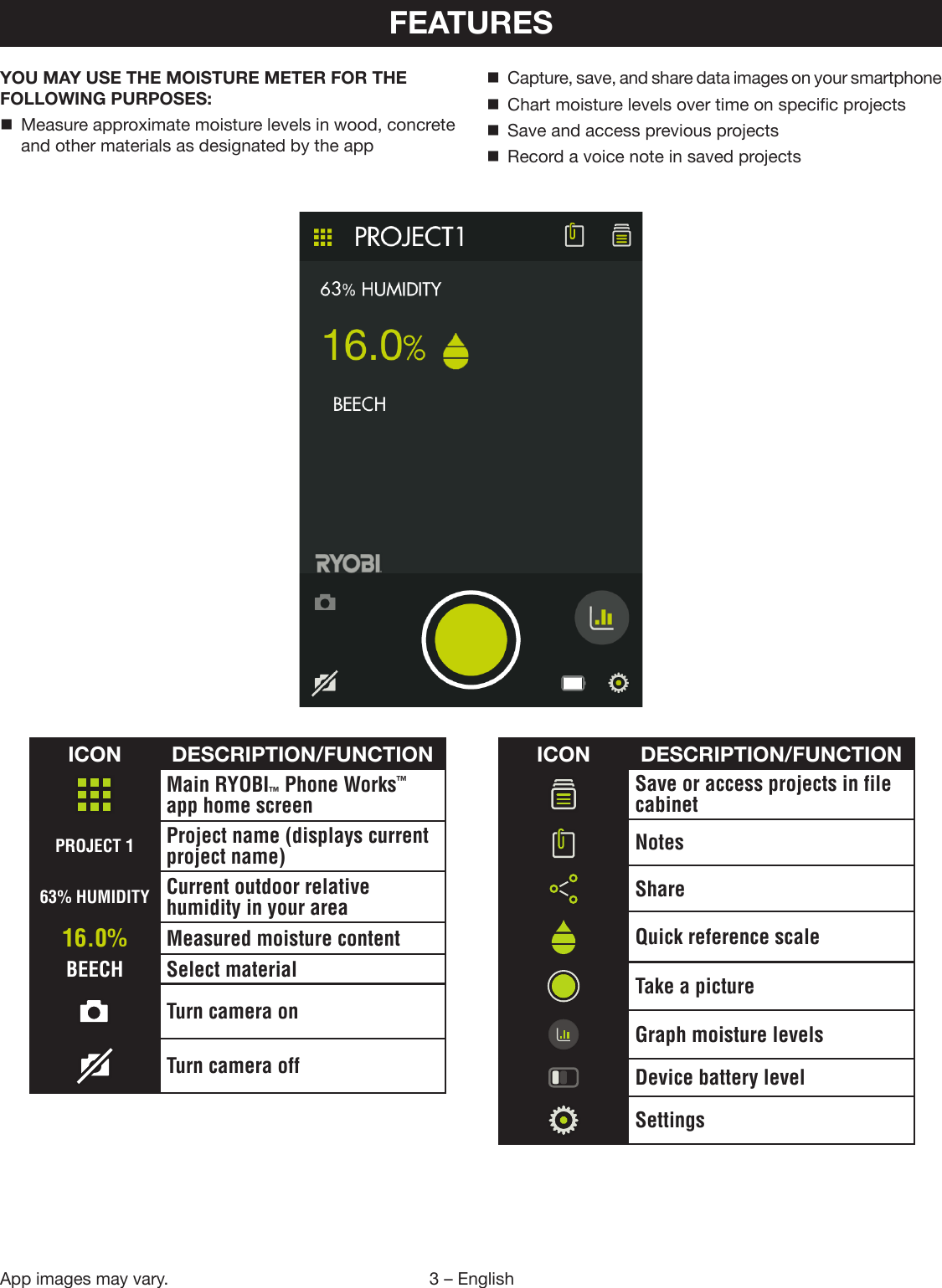 3 – EnglishApp images may vary.FEATURESYOU MAY USE THE MOISTURE METER FOR THE FOLLOWING PURPOSES:  Measure approximate moisture levels in wood, concrete and other materials as designated by the app  Capture, save, and share data images on your smartphone  Chart moisture levels over time on specific projects  Save and access previous projects  Record a voice note in saved projectsICON DESCRIPTION/FUNCTIONMain RYOBI™ Phone Works™ app home screenPROJECT 1 Project name (displays current project name)63% HUMIDITY Current outdoor relative humidity in your area16.0% Measured moisture contentBEECH Select materialTurn camera onTurn camera offICON DESCRIPTION/FUNCTIONSave or access projects in file cabinetNotesShareQuick reference scaleTake a pictureGraph moisture levelsDevice battery levelSettings