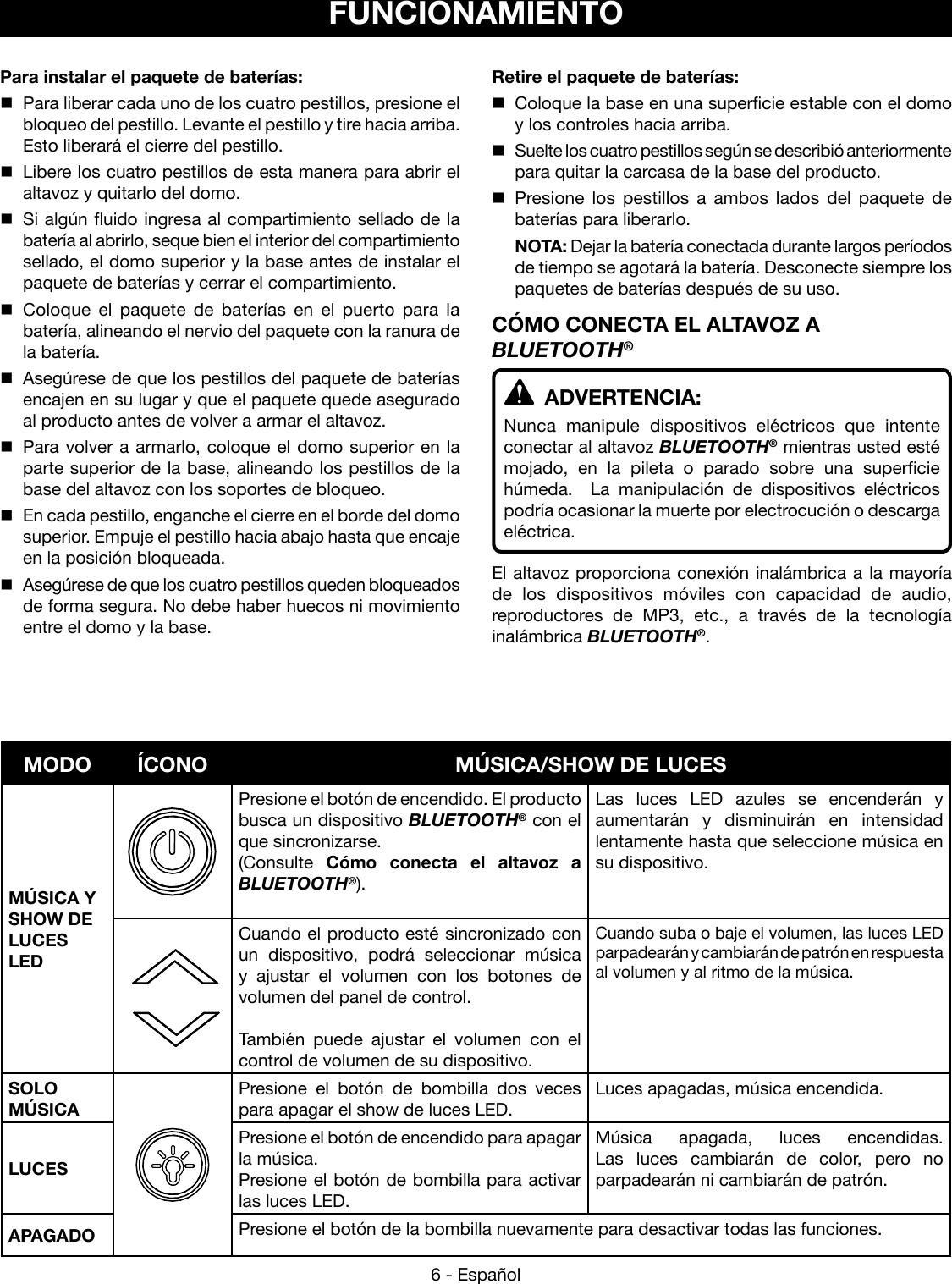6 - EspañolPara instalar el paquete de baterías:  Para liberar cada uno de los cuatro pestillos, presione el bloqueo del pestillo. Levante el pestillo y tire hacia arriba. Esto liberará el cierre del pestillo.  Libere los cuatro pestillos de esta manera para abrir el altavoz y quitarlo del domo.   Si algún fluido ingresa al compartimiento sellado de la batería al abrirlo, seque bien el interior del compartimiento sellado, el domo superior y la base antes de instalar el paquete de baterías y cerrar el compartimiento. Coloque el paquete de baterías en el puerto para la batería, alineando el nervio del paquete con la ranura de la batería.  Asegúrese de que los pestillos del paquete de baterías encajen en su lugar y que el paquete quede asegurado al producto antes de volver a armar el altavoz.  Para volver a armarlo, coloque el domo superior en la parte superior de la base, alineando los pestillos de la base del altavoz con los soportes de bloqueo.   En cada pestillo, enganche el cierre en el borde del domo superior. Empuje el pestillo hacia abajo hasta que encaje en la posición bloqueada.  Asegúrese de que los cuatro pestillos queden bloqueados de forma segura. No debe haber huecos ni movimiento entre el domo y la base. Retire el paquete de baterías:  Coloque la base en una superficie estable con el domo y los controles hacia arriba.  Suelte los cuatro pestillos según se describió anteriormente para quitar la carcasa de la base del producto. Presione los pestillos a ambos lados del paquete de baterías para liberarlo. NOTA: Dejar la batería conectada durante largos períodos de tiempo se agotará la batería. Desconecte siempre los paquetes de baterías después de su uso.CÓMO CONECTA EL ALTAVOZ A BLUETOOTH® ADVERTENCIA:Nunca manipule dispositivos eléctricos que intente conectar al altavoz BLUETOOTH® mientras usted esté mojado, en la pileta o parado sobre una superficie húmeda.  La manipulación de dispositivos eléctricos podría ocasionar la muerte por electrocución o descarga eléctrica.El altavoz proporciona conexión inalámbrica a la mayoría de los dispositivos móviles con capacidad de audio, reproductores de MP3, etc., a través de la tecnología inalámbrica BLUETOOTH®.  FUNCIONAMIENTOMODO ÍCONO MÚSICA/SHOW DE LUCESMÚSICA Y SHOW DE  LUCES LEDPresione el botón de encendido. El producto busca un dispositivo BLUETOOTH® con el que sincronizarse.(Consulte Cómo conecta el altavoz a BLUETOOTH®).Las luces LED azules se encenderán y aumentarán y disminuirán en intensidad lentamente hasta que seleccione música en su dispositivo.Cuando el producto esté sincronizado con un dispositivo, podrá seleccionar música y ajustar el volumen con los botones de volumen del panel de control.También puede ajustar el volumen con el control de volumen de su dispositivo.Cuando suba o baje el volumen, las luces LED parpadearán y cambiarán de patrón en respuesta al volumen y al ritmo de la música.SOLO MÚSICAPresione el botón de bombilla dos veces para apagar el show de luces LED.Luces apagadas, música encendida.LUCESPresione el botón de encendido para apagar la música.Presione el botón de bombilla para activar las luces LED.Música apagada, luces encendidas. Las luces cambiarán de color, pero no parpadearán ni cambiarán de patrón.APAGADO Presione el botón de la bombilla nuevamente para desactivar todas las funciones.