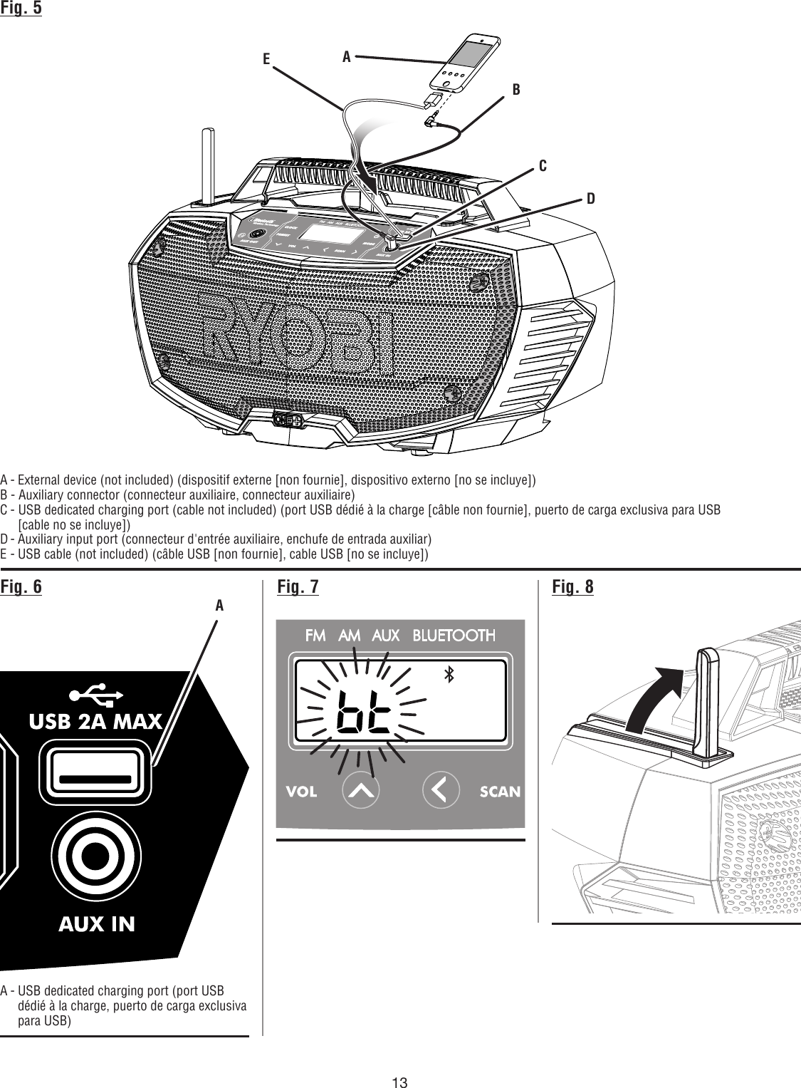 13Fig. 5A - External device (not included) (dispositif externe [non fournie], dispositivo externo [no se incluye]) B - Auxiliary connector (connecteur auxiliaire, connecteur auxiliaire)C - USB dedicated charging port (cable not included) (port USB dédié à la charge [câble non fournie], puerto de carga exclusiva para USB  [cable no se incluye])D - Auxiliary input port (connecteur d&apos;entrée auxiliaire, enchufe de entrada auxiliar)E - USB cable (not included) (câble USB [non fournie], cable USB [no se incluye])A - USB dedicated charging port (port USB dédié à la charge, puerto de carga exclusiva para USB)Fig. 6DFig. 7 Fig. 8CEBAA