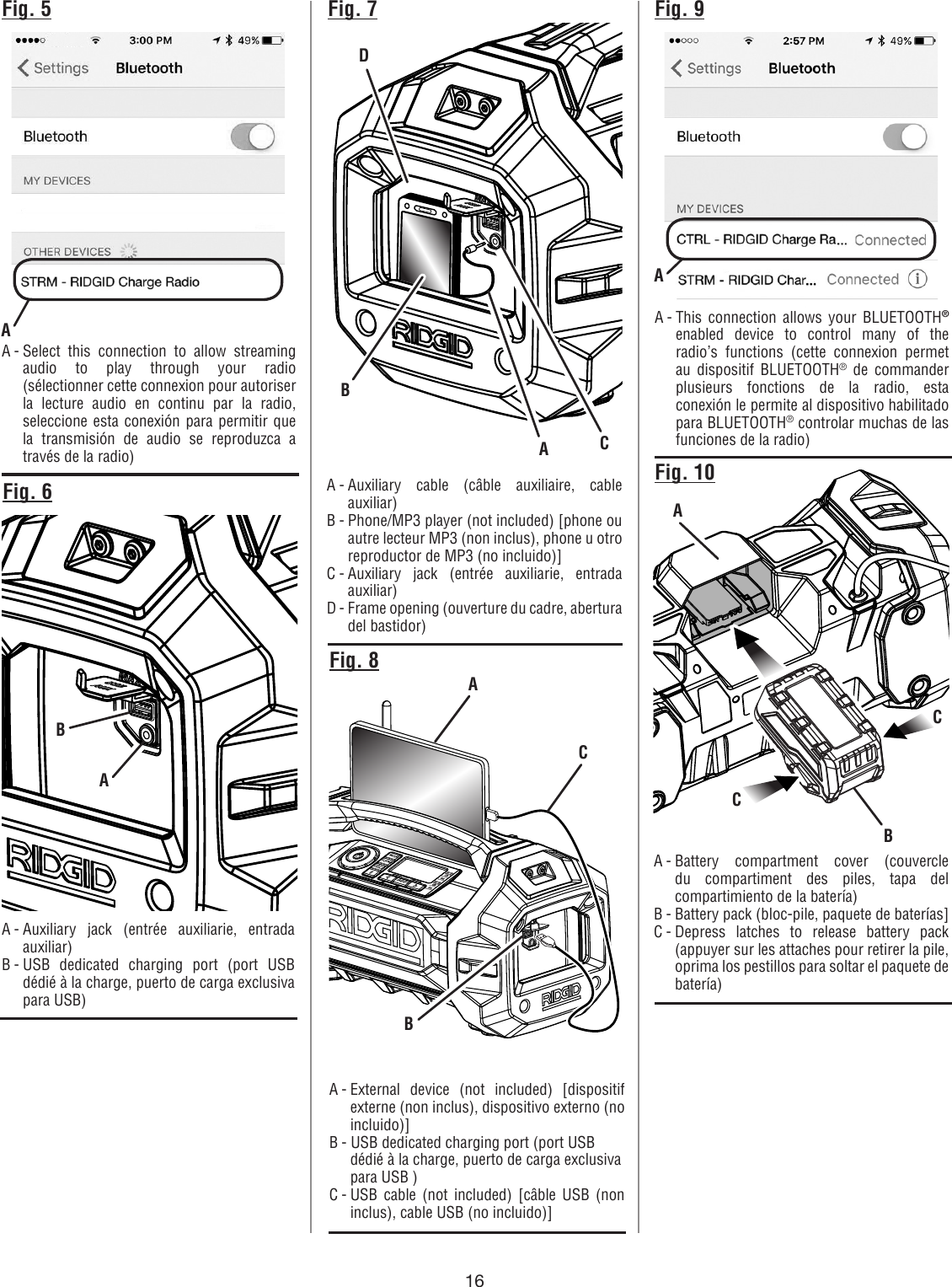 16A - Auxiliary jack (entrée auxiliarie, entrada auxiliar)B - USB dedicated charging port (port USB dédié à la charge, puerto de carga exclusiva para USB)Fig. 6ABA - Auxiliary cable (câble auxiliaire, cable auxiliar)B - Phone/MP3 player (not included) [phone ou autre lecteur MP3 (non inclus), phone u otro reproductor de MP3 (no incluido)]C - Auxiliary jack (entrée auxiliarie, entrada auxiliar)D - Frame opening (ouverture du cadre, abertura del bastidor)Fig. 7ABCDMODESOUNDCLOCKDISPLAYPRESETSHold to ScanHold to PairFig. 8A - External device (not included) [dispositif externe (non inclus), dispositivo externo (no incluido)] B - USB dedicated charging port (port USB dédié à la charge, puerto de carga exclusiva para USB )C - USB cable (not included) [câble USB (non inclus), cable USB (no incluido)]ACBFig. 10Fig. 5A - Select this connection to allow streaming audio to play through your radio (sélectionner cette connexion pour autoriser la lecture audio en continu par la radio, seleccione esta conexión para permitir que la transmisión de audio se reproduzca a través de la radio)AFig. 9A - This connection allows your BLUETOOTH® enabled device to control many of the radio’s functions (cette connexion permet au dispositif BLUETOOTH® de commander plusieurs fonctions de la radio, esta conexión le permite al dispositivo habilitado para BLUETOOTH® controlar muchas de las funciones de la radio)AA - Battery compartment cover (couvercle du compartiment des piles, tapa del compartimiento de la batería)B - Battery pack (bloc-pile, paquete de baterías]C - Depress latches to release battery pack (appuyer sur les attaches pour retirer la pile,  oprima los pestillos para soltar el paquete de batería)BACC