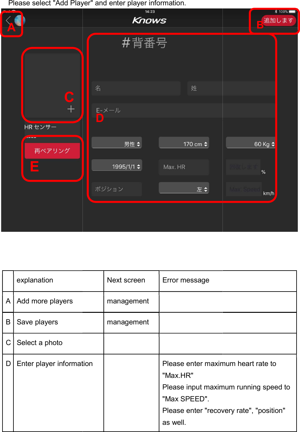   Please select "Add Player" and enter player information.    explanation A Add more players B Save players C Select a photo D Enter player informationA  C  E Please select "Add Player" and enter player information.  Next screen  Error message management  management    Enter player information  Please enter maximum heart rate to "Max.HR" Please input maximum running speed to "Max SPEED". Please enter "recovery rate", as well. D  Please enter maximum heart rate to Please input maximum running speed to Please enter "recovery rate", "position" B 