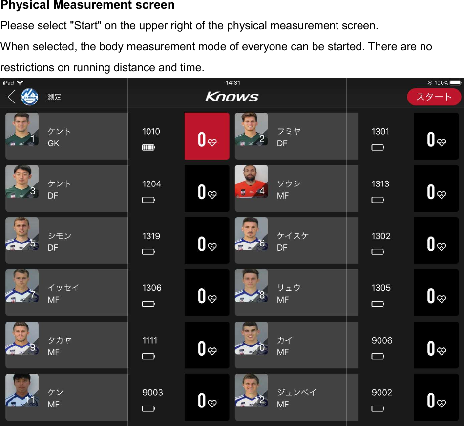 Physical Measurement screenPlease select "Start" on the upper right of the physical measurement screen.When selected, the body measurement mode of everyone can be started. There are no restrictions on running distance and time.  easurement screen Please select "Start" on the upper right of the physical measurement screen.measurement mode of everyone can be started. There are no restrictions on running distance and time. Please select "Start" on the upper right of the physical measurement screen. measurement mode of everyone can be started. There are no  