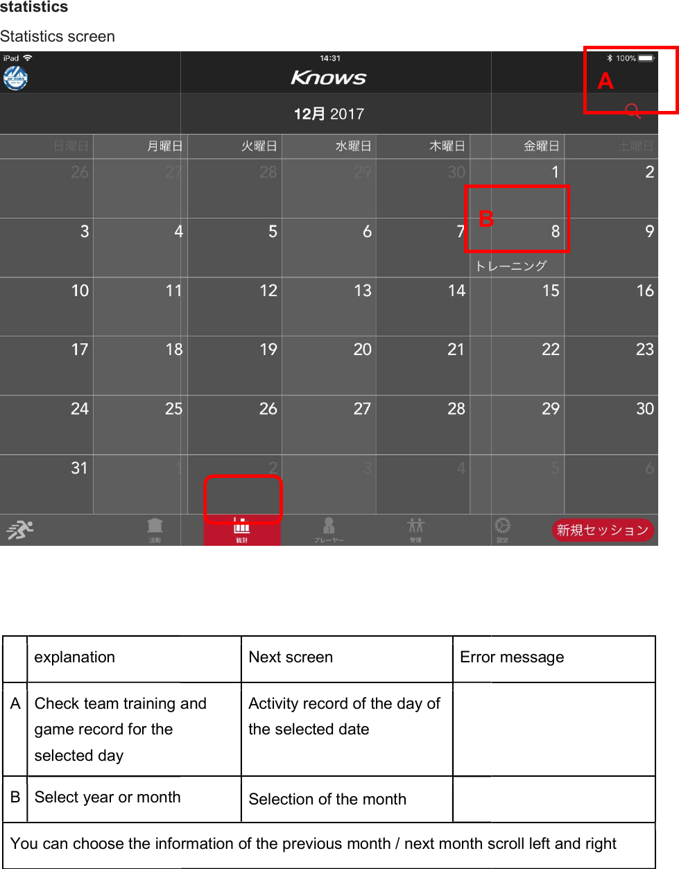 statistics Statistics screen   explanation A Check team training and game record for the selected day B Select year or monthYou can choose the information of the previous month / next month scroll left and right    Next screen Error messageCheck team training and Activity record of the day of the selected date  month Selection of the month   You can choose the information of the previous month / next month scroll left and right  B Error message You can choose the information of the previous month / next month scroll left and right A B 