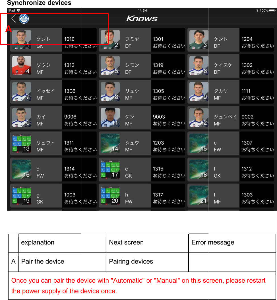 Synchronize devices   explanation A Pair the device Once you can pair the device with "Automatic" or "Manual" on this screen, please restart the power supply of the device once. A  Next screen Error messagePairing devices   Once you can pair the device with "Automatic" or "Manual" on this screen, please restart the power supply of the device once.       Error message Once you can pair the device with "Automatic" or "Manual" on this screen, please restart 