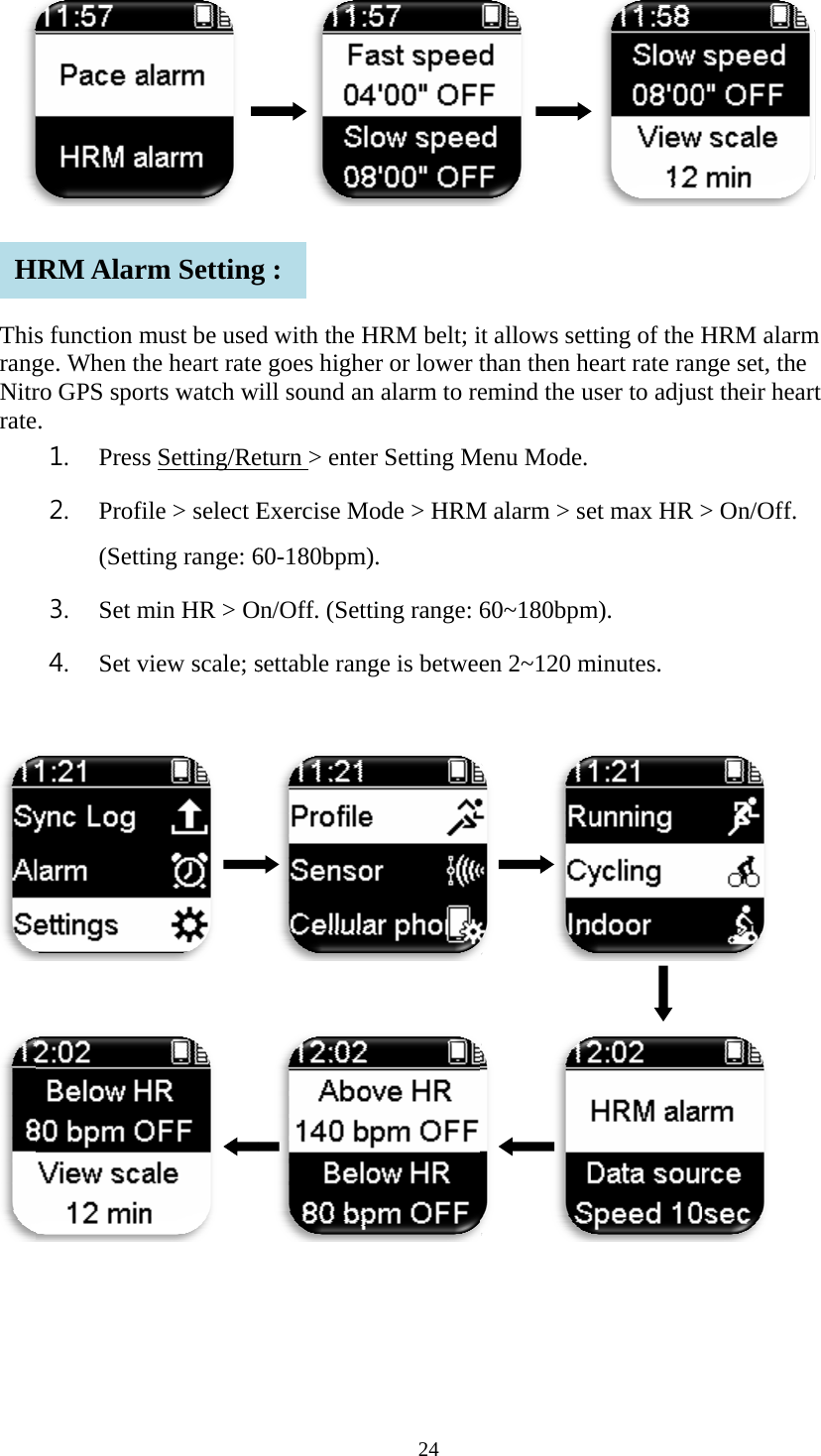    ThisrangNitrrate       Hs function mge. When thro GPS spore. 1. Press2. Profi(Setti3. Set m4. Set v  HRM Alar  must be usedhe heart raterts watch ws Setting/Reile > select Eing range: 6min HR > Oview scale; s        m Setting    d with the He goes highewill sound aneturn > enteExercise M60-180bpm)On/Off. (Settsettable rang  g : 24 HRM belt; ier or lower tn alarm to reer Setting Mode > HRM). ting range: ge is betwee      it allows setthan then heemind the uMenu Mode. M alarm > se60~180bpmen 2~120 m          tting of the Heart rate ranuser to adjus et max HR >m). minutes. HRM alarmnge set, the st their hear> On/Off.         m rt 