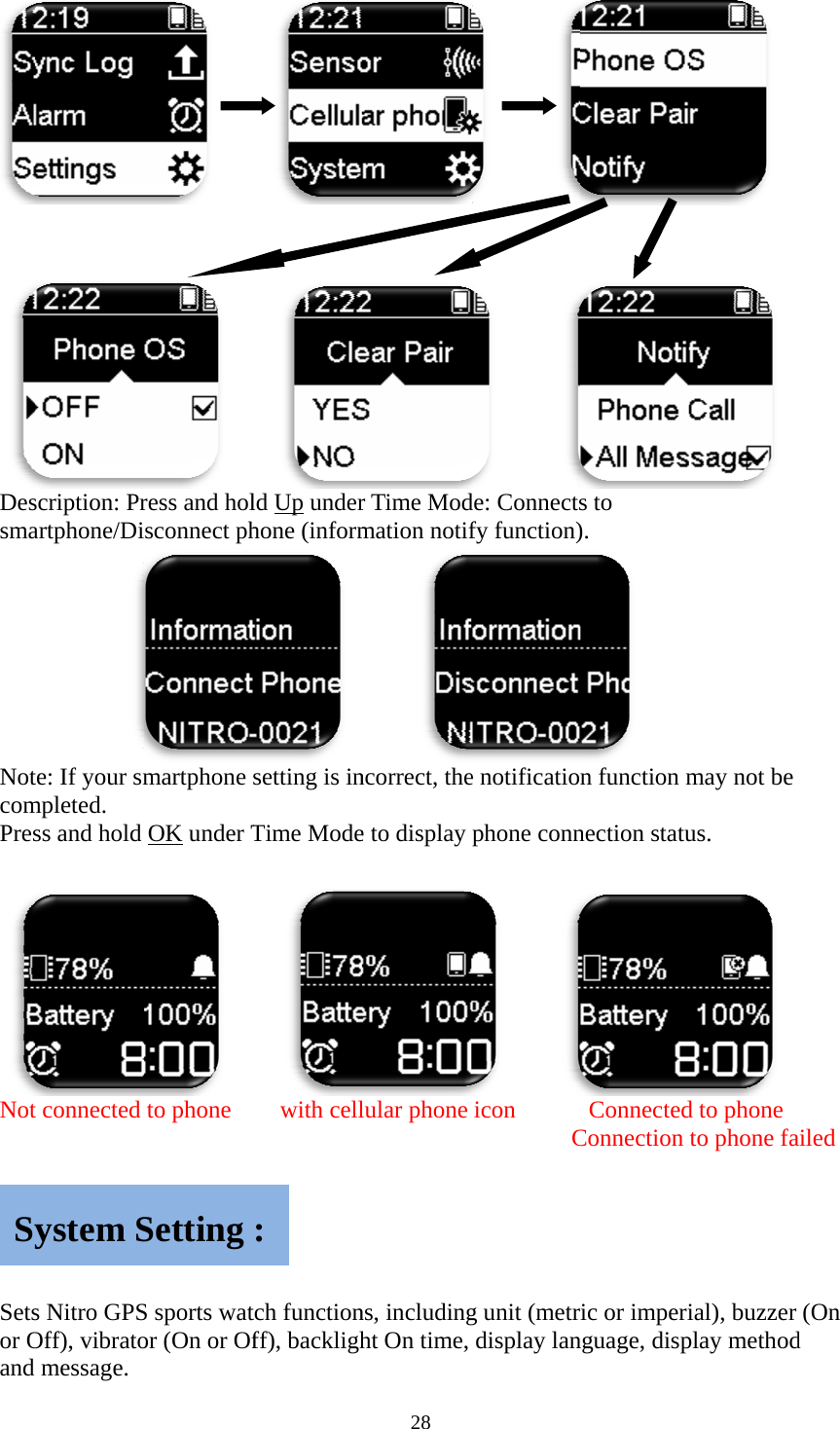     DessmaNotcomPres Not  Setsor Oand Syscription: Prartphone/Dite: If your smmpleted. ss and hold t connected s Nitro GPSOff), vibratomessage. ystem S       ress and holsconnect phmartphone OK under T   to phone  S sports wator (On or OfSetting    ld Up underhone (inform  setting is inTime Mode    with celltch functionff), backligh: 28 r Time Modmation notif    ncorrect, thee to display lular phone ns, includinght On time,             de: Connectsfy function)e notificatiophone conn     icon      Cg unit (metrdisplay lans to ).   n function mnection statuConnectedConnection ric or imperinguage, disp    may not be us.   d to phone to phone faial), buzzer play method  ailed (On d 