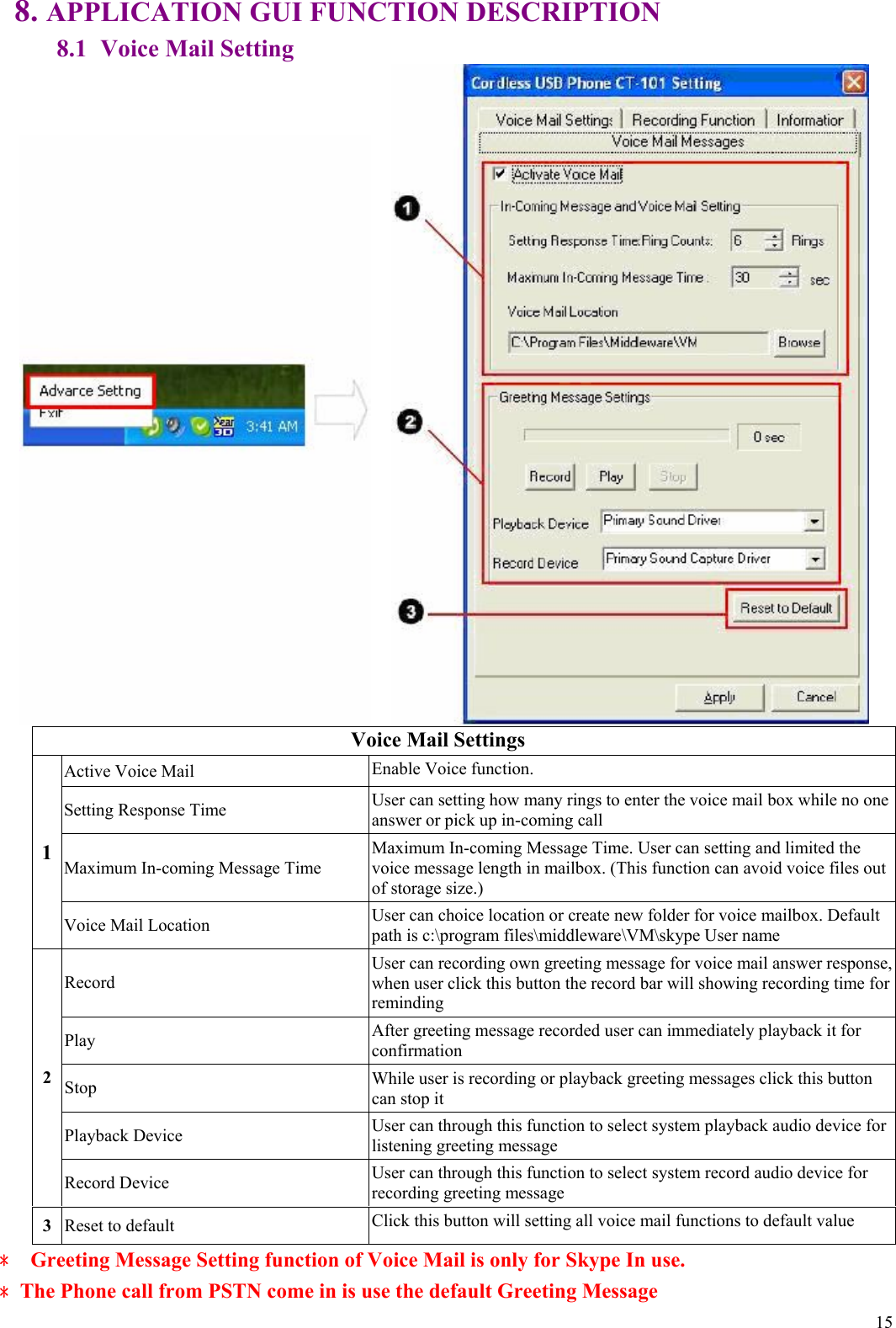  158. APPLICATION GUI FUNCTION DESCRIPTION 8.1   Voice Mail Setting                 Voice Mail Settings Active Voice Mail  Enable Voice function. Setting Response Time  User can setting how many rings to enter the voice mail box while no one answer or pick up in-coming call Maximum In-coming Message Time Maximum In-coming Message Time. User can setting and limited the voice message length in mailbox. (This function can avoid voice files out of storage size.) 1 Voice Mail Location  User can choice location or create new folder for voice mailbox. Default path is c:\program files\middleware\VM\skype User name Record User can recording own greeting message for voice mail answer response, when user click this button the record bar will showing recording time for reminding Play  After greeting message recorded user can immediately playback it for confirmation Stop  While user is recording or playback greeting messages click this button can stop it Playback Device  User can through this function to select system playback audio device for listening greeting message 2 Record Device  User can through this function to select system record audio device for recording greeting message 3  Reset to default  Click this button will setting all voice mail functions to default value ﹡  Greeting Message Setting function of Voice Mail is only for Skype In use. ﹡The Phone call from PSTN come in is use the default Greeting Message 