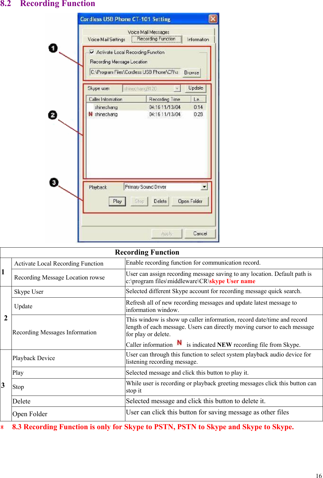  168.2  Recording Function      Recording Function Activate Local Recording Function  Enable recording function for communication record. 1  Recording Message Location rowse  User can assign recording message saving to any location. Default path is c:\program files\middleware\CR\skype User name Skype User  Selected different Skype account for recording message quick search. Update  Refresh all of new recording messages and update latest message to information window. 2 Recording Messages Information This window is show up caller information, record date/time and record length of each message. Users can directly moving cursor to each message for play or delete. Caller information   is indicated NEW recording file from Skype. Playback Device  User can through this function to select system playback audio device for listening recording message. Play  Selected message and click this button to play it. Stop  While user is recording or playback greeting messages click this button can stop it Delete Selected message and click this button to delete it. 3 Open Folder User can click this button for saving message as other files ﹡ 8.3 Recording Function is only for Skype to PSTN, PSTN to Skype and Skype to Skype.    