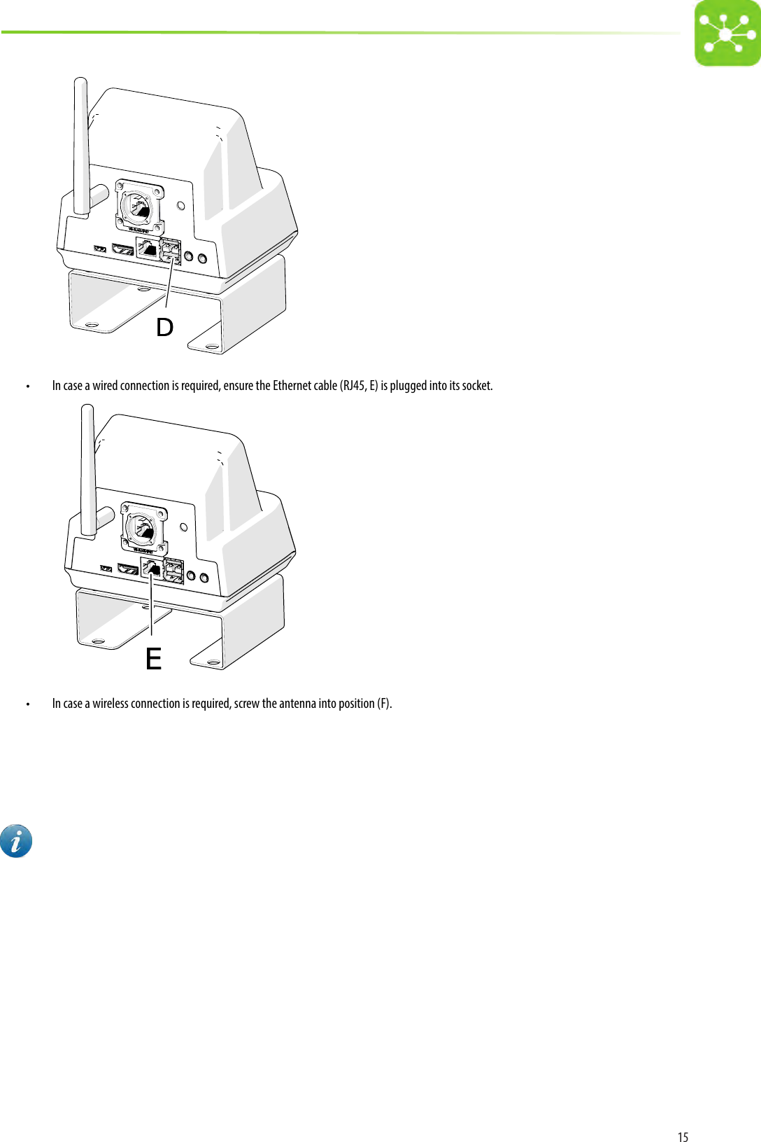 15 DD•  In case a wired connection is required, ensure the Ethernet cable (RJ45, E) is plugged into its socket. EE•  In case a wireless connection is required, screw the antenna into position (F).