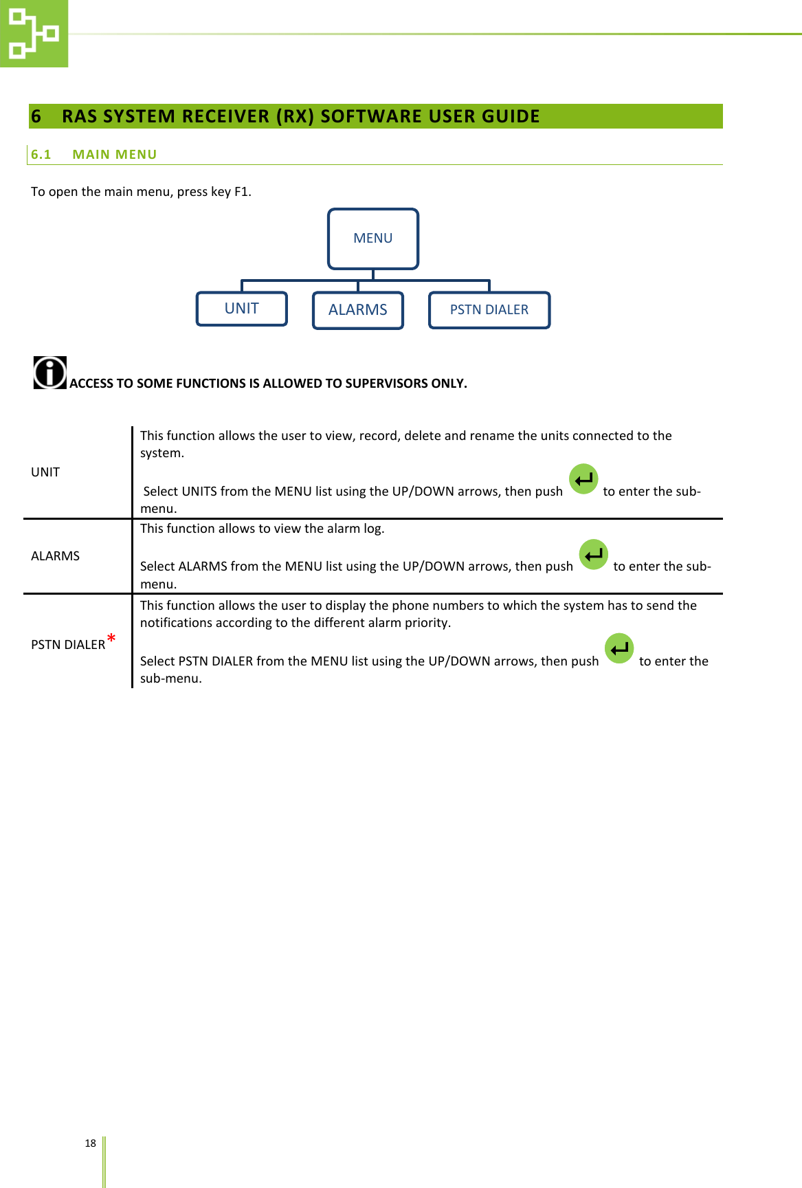    18   6 RAS SYSTEM RECEIVER (RX) SOFTWARE USER GUIDE 6.1 MAIN MENU To open the main menu, press key F1.   ACCESS TO SOME FUNCTIONS IS ALLOWED TO SUPERVISORS ONLY.  UNIT This function allows the user to view, record, delete and rename the units connected to the system.  Select UNITS from the MENU list using the UP/DOWN arrows, then push   to enter the sub-menu. ALARMS This function allows to view the alarm log. Select ALARMS from the MENU list using the UP/DOWN arrows, then push   to enter the sub-menu. PSTN DIALER* This function allows the user to display the phone numbers to which the system has to send the notifications according to the different alarm priority. Select PSTN DIALER from the MENU list using the UP/DOWN arrows, then push   to enter the sub-menu. MENU UNIT ALARMS PSTN DIALER    