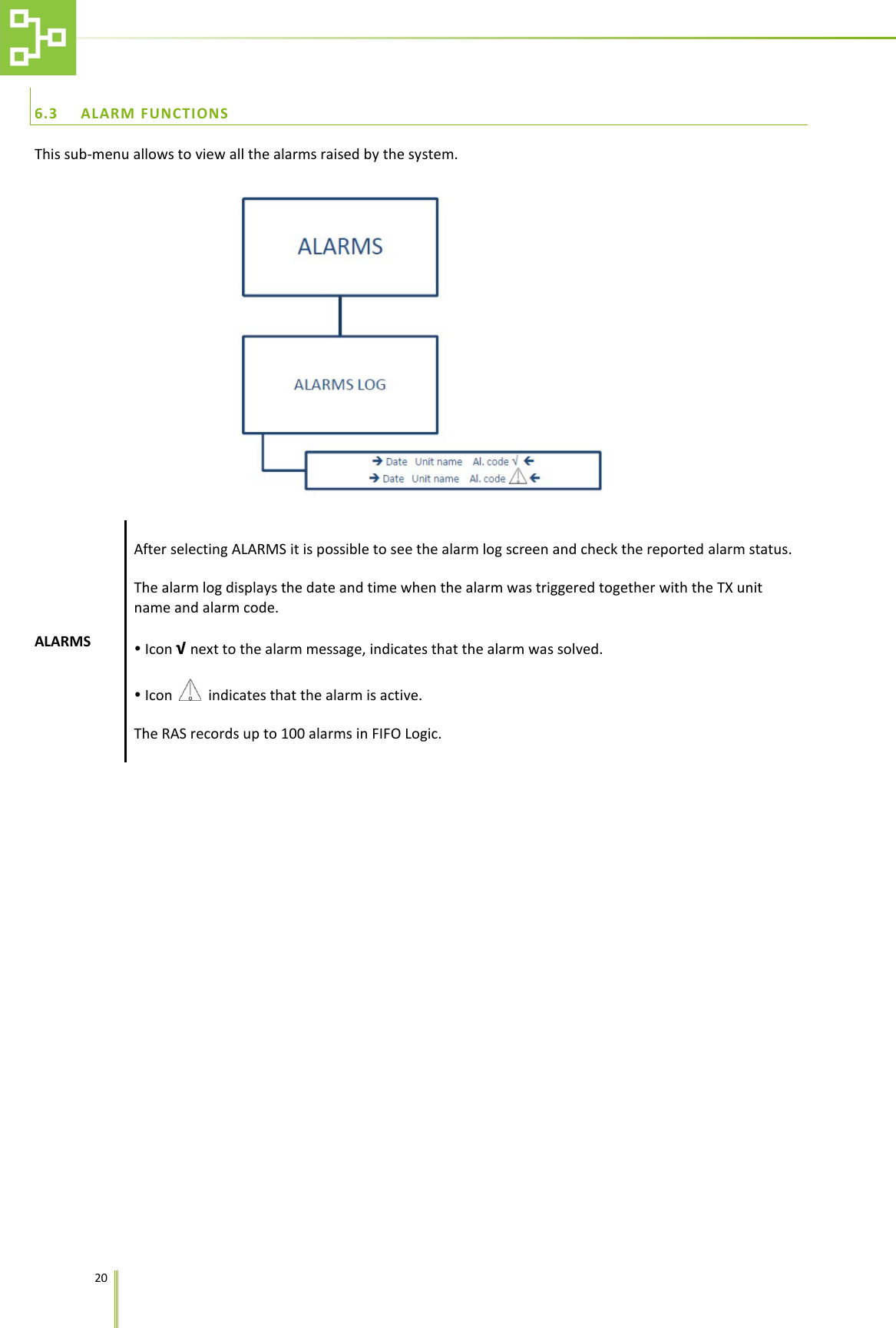   20   6.3 ALARM FUNCTIONS This sub-menu allows to view all the alarms raised by the system.  ALARMS After selecting ALARMS it is possible to see the alarm log screen and check the reported alarm status. The alarm log displays the date and time when the alarm was triggered together with the TX unit name and alarm code.  Icon &radic; next to the alarm message, indicates that the alarm was solved.  Icon    indicates that the alarm is active. The RAS records up to 100 alarms in FIFO Logic. 