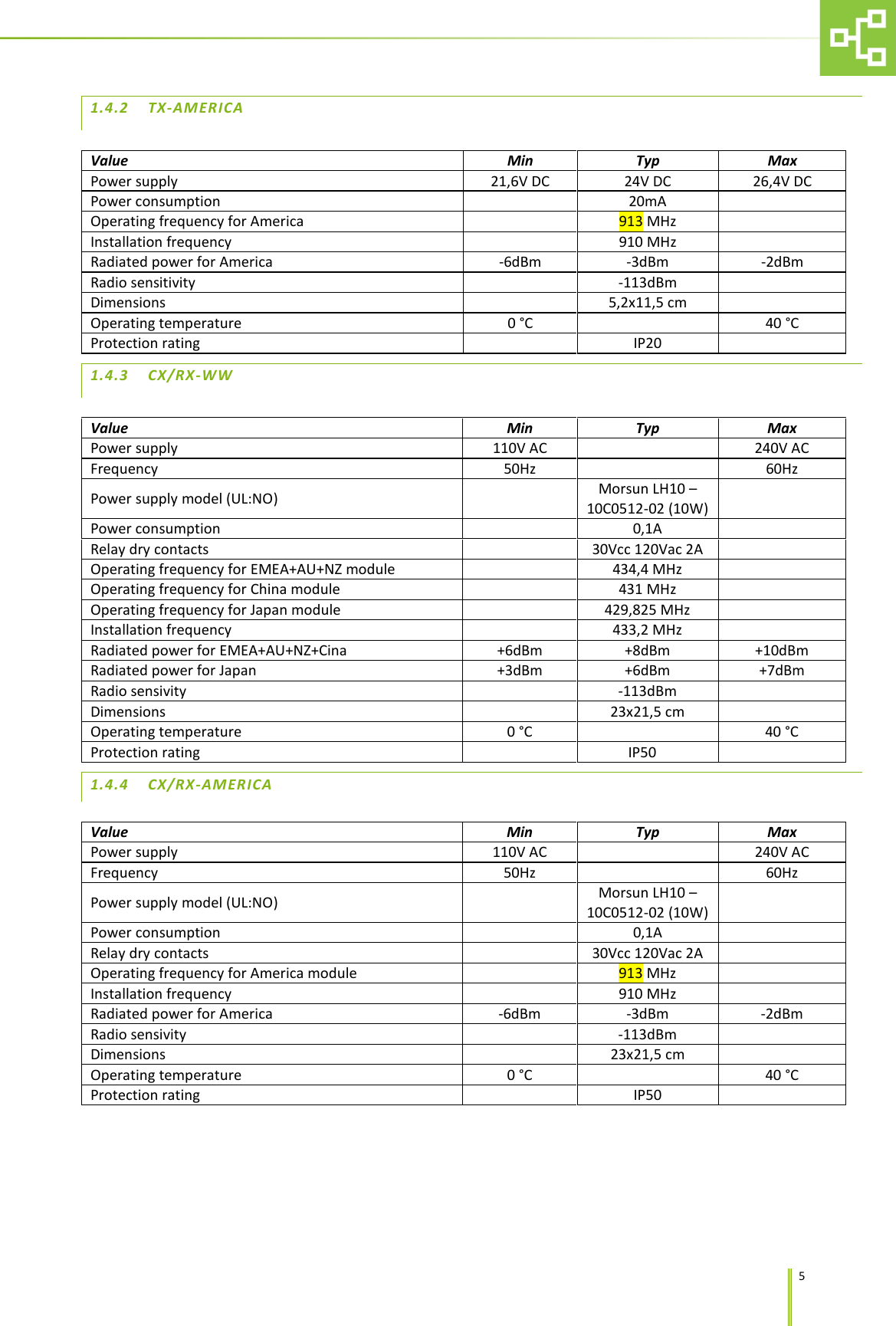      5 1.4.2 TX-AMERICA  Value Min Typ Max Power supply 21,6V DC 24V DC 26,4V DC Power consumption  20mA  Operating frequency for America  913 MHz  Installation frequency  910 MHz  Radiated power for America -6dBm -3dBm -2dBm Radio sensitivity  -113dBm  Dimensions  5,2x11,5 cm  Operating temperature 0 &deg;C  40 &deg;C Protection rating  IP20  1.4.3 CX/RX-WW  Value Min Typ Max Power supply 110V AC   240V AC Frequency 50Hz  60Hz Power supply model (UL:NO)   Morsun LH10 &ndash; 10C0512-02 (10W)  Power consumption  0,1A  Relay dry contacts  30Vcc 120Vac 2A  Operating frequency for EMEA+AU+NZ module  434,4 MHz  Operating frequency for China module   431 MHz  Operating frequency for Japan module  429,825 MHz  Installation frequency  433,2 MHz  Radiated power for EMEA+AU+NZ+Cina +6dBm +8dBm +10dBm Radiated power for Japan +3dBm +6dBm +7dBm Radio sensivity  -113dBm  Dimensions  23x21,5 cm  Operating temperature 0 &deg;C  40 &deg;C Protection rating   IP50    1.4.4 CX/RX-AMERICA  Value Min Typ Max Power supply 110V AC   240V AC Frequency 50Hz  60Hz Power supply model (UL:NO)  Morsun LH10 &ndash; 10C0512-02 (10W)  Power consumption  0,1A  Relay dry contacts  30Vcc 120Vac 2A  Operating frequency for America module  913 MHz  Installation frequency  910 MHz  Radiated power for America -6dBm -3dBm -2dBm Radio sensivity  -113dBm  Dimensions  23x21,5 cm  Operating temperature 0 &deg;C  40 &deg;C Protection rating  IP50  